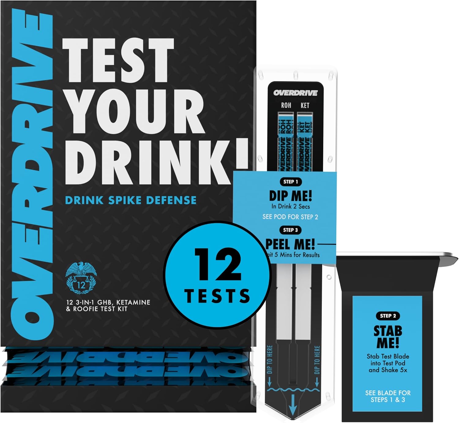 Drink Spiking Test Kit 2.0 – Overdrive Defense 12 Pack – 99% Accuracy Beverage Safety Test – Fast Results in 5 Minutes – Easy to Use, Portable Protection Tool, Bar Essential