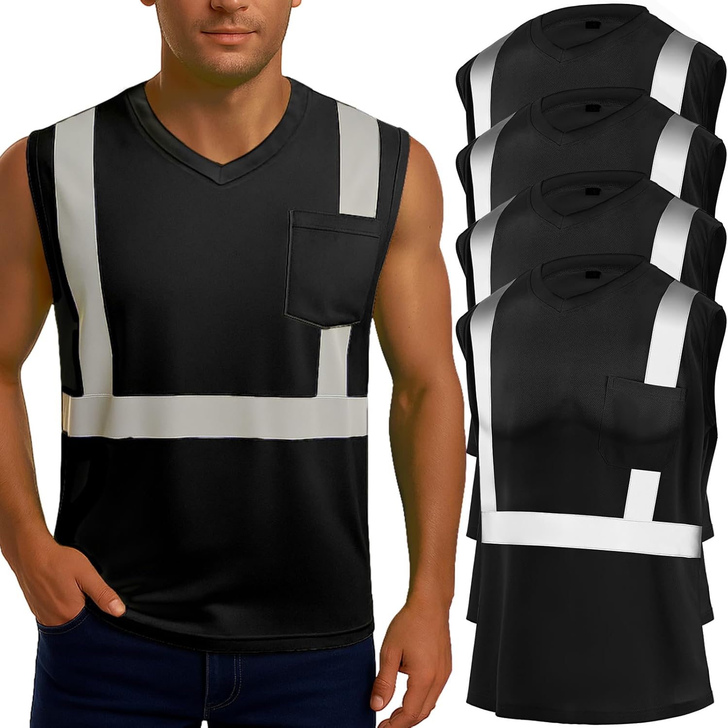 Amylove 4 Pcs Hi Vis Sleeveless Reflective Shirt for Men Class 2 Construction Work Shirts with Pockets for Men Women