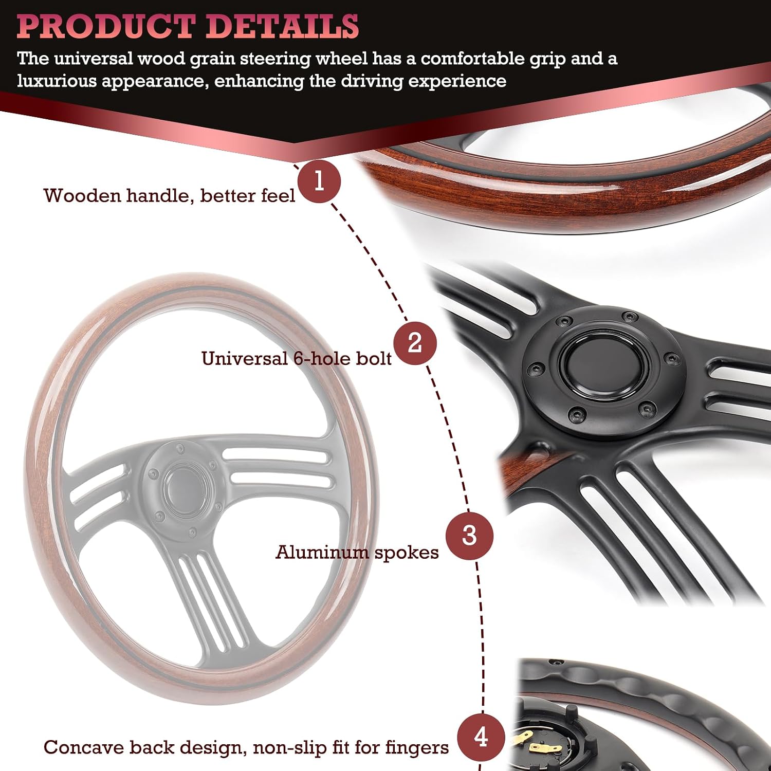 14inch Solid Wood Steering Wheel 350mm 6Bolt 3 Spoke 70mm Deep Dish