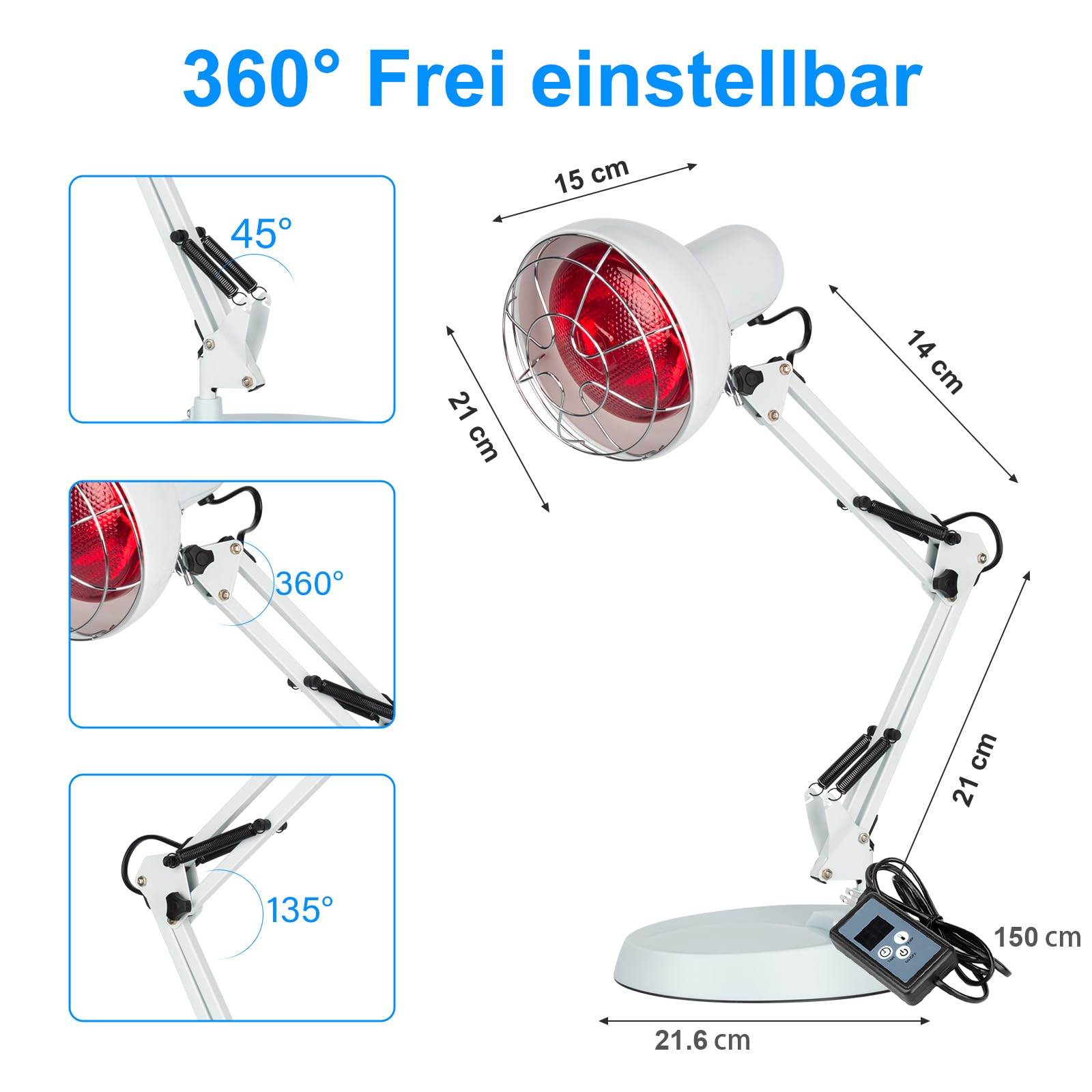 Rotlichtlampe Wärmelampe 100W Timer 180° Schwenkbarer Halter Höhenverstellbar
