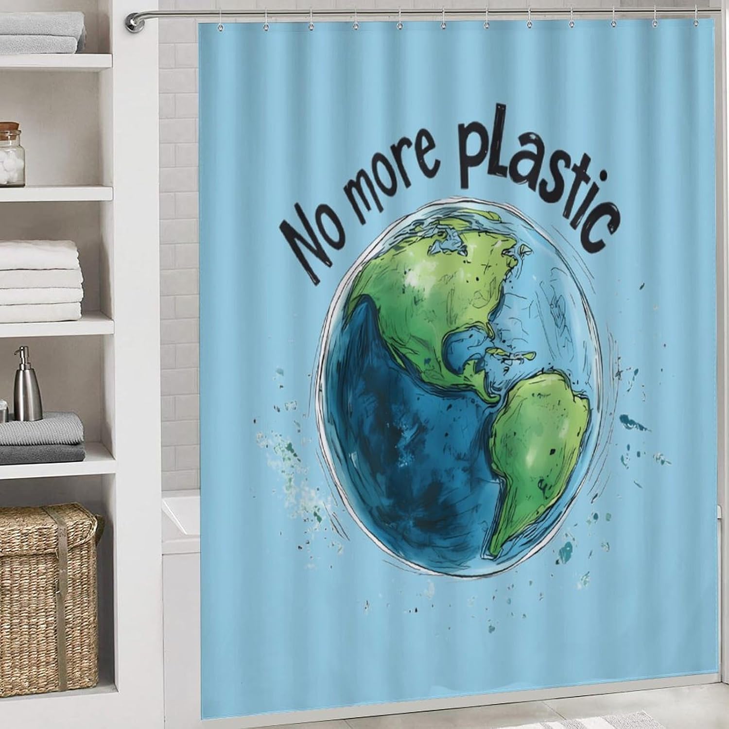 No More Plastic Modern Bathroom Sets with Shower Curtain and Rugs Decor 4 Pcs with 12 Hooks