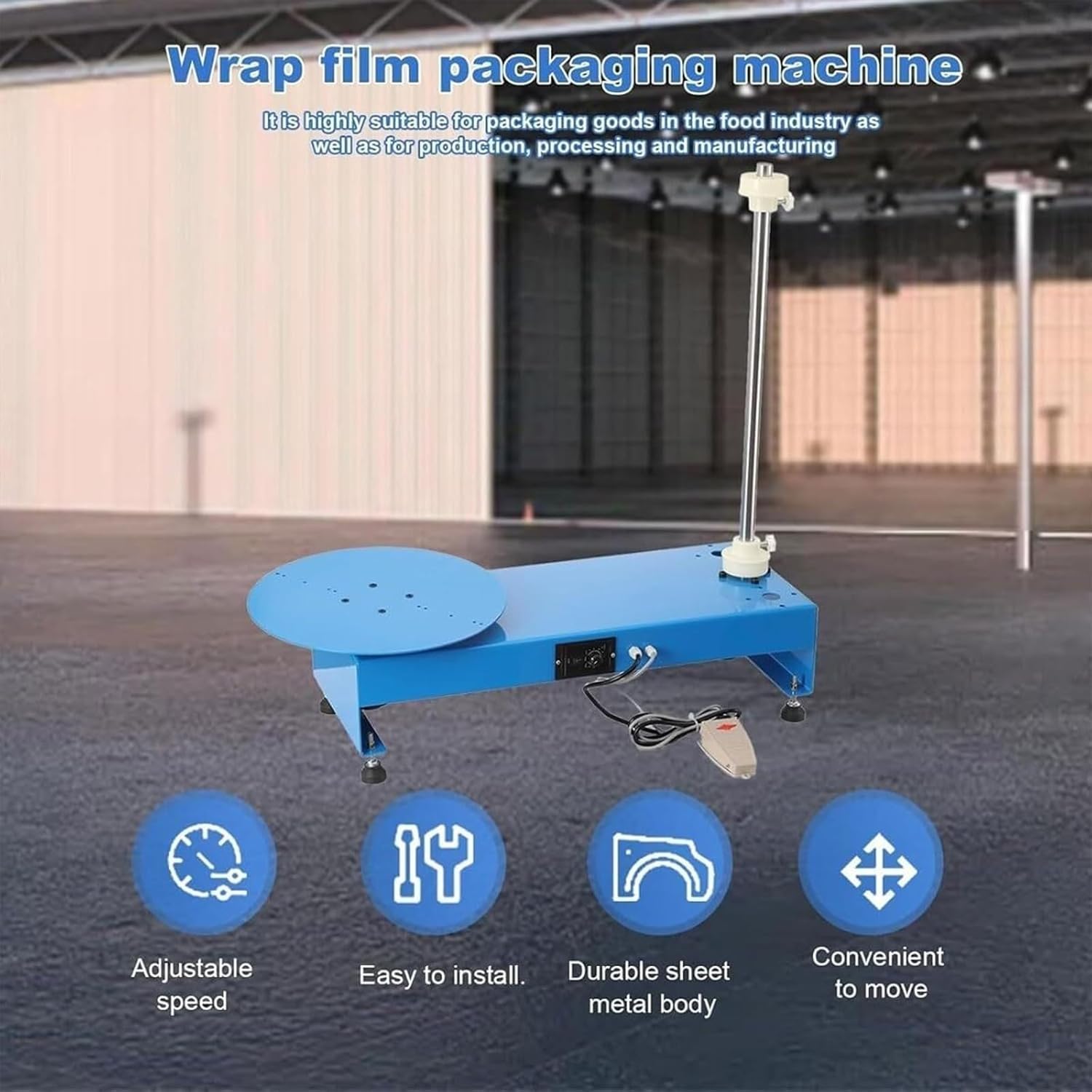 Máquina envolvedora eléctrica de Film Estirable con Plataforma giratoria de Alta Resistencia para flejado y empaquetado Industrial de 40 cm.