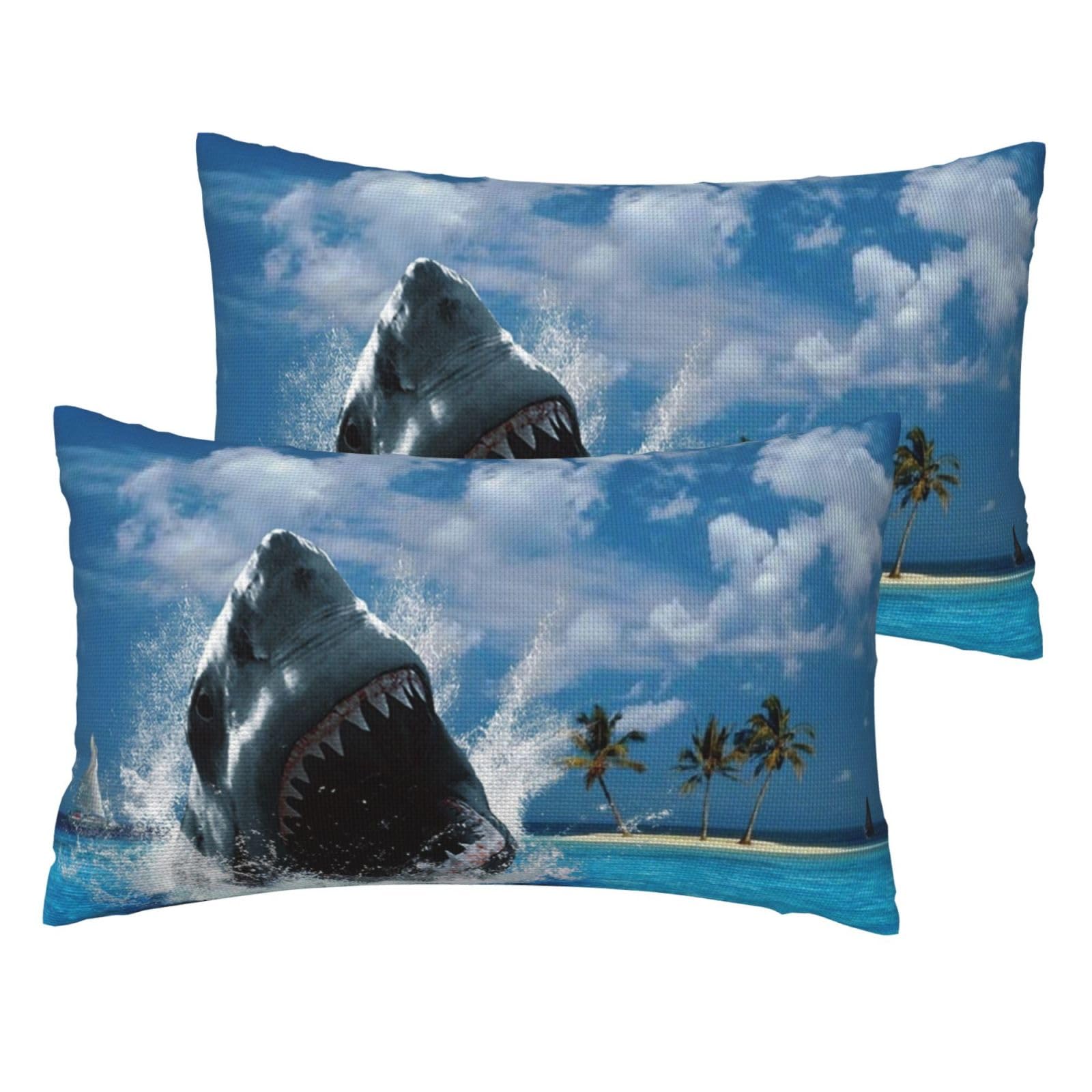 Taies d'oreiller imprimé requin lot de 2 housses en tissu imitation lin texturé