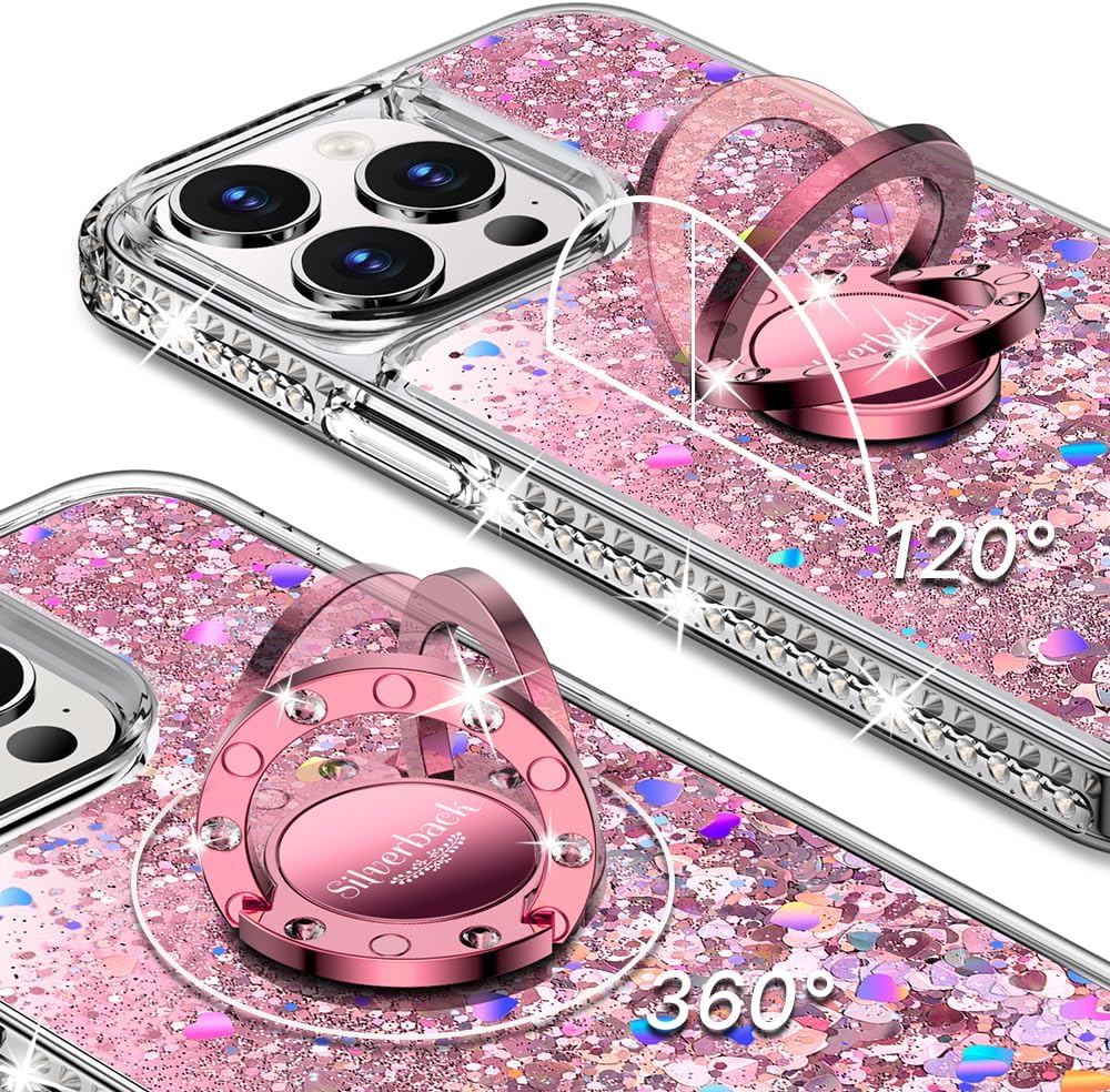 Silverback for iPhone 15 Pro Max Case, Moving Liquid Holographic Sparkle Glitter Case with Kickstand, Girls Women Bling Diamond Ring Protective Case for iPhone 15 Pro Max 6.7''- Pink - Image 3