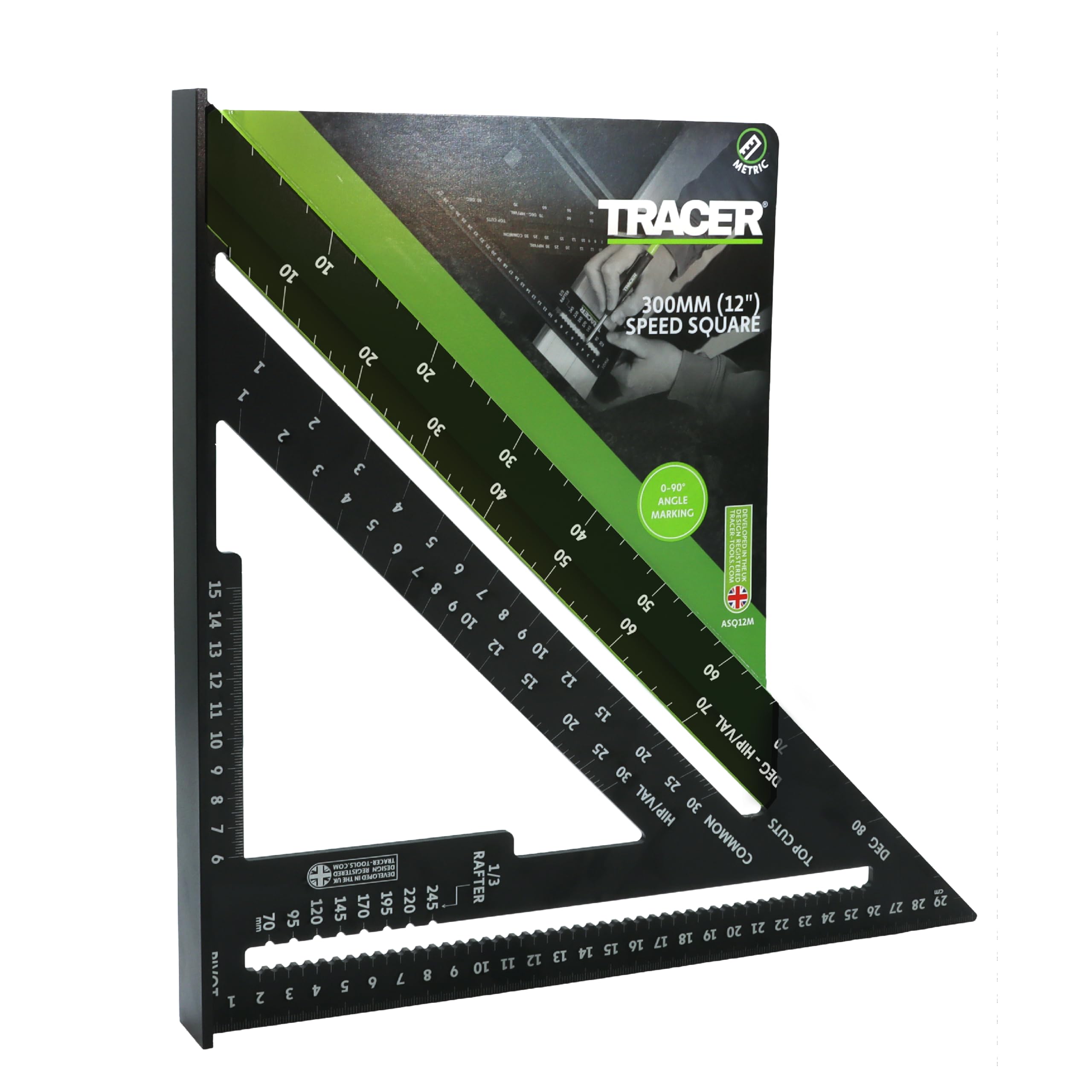 TRACER Speed Square 300 mm (12 pulgadas). Cuadrado de balsas con escalas métricas y de cadera y valle. Herramienta de marcado para techos y carpintería