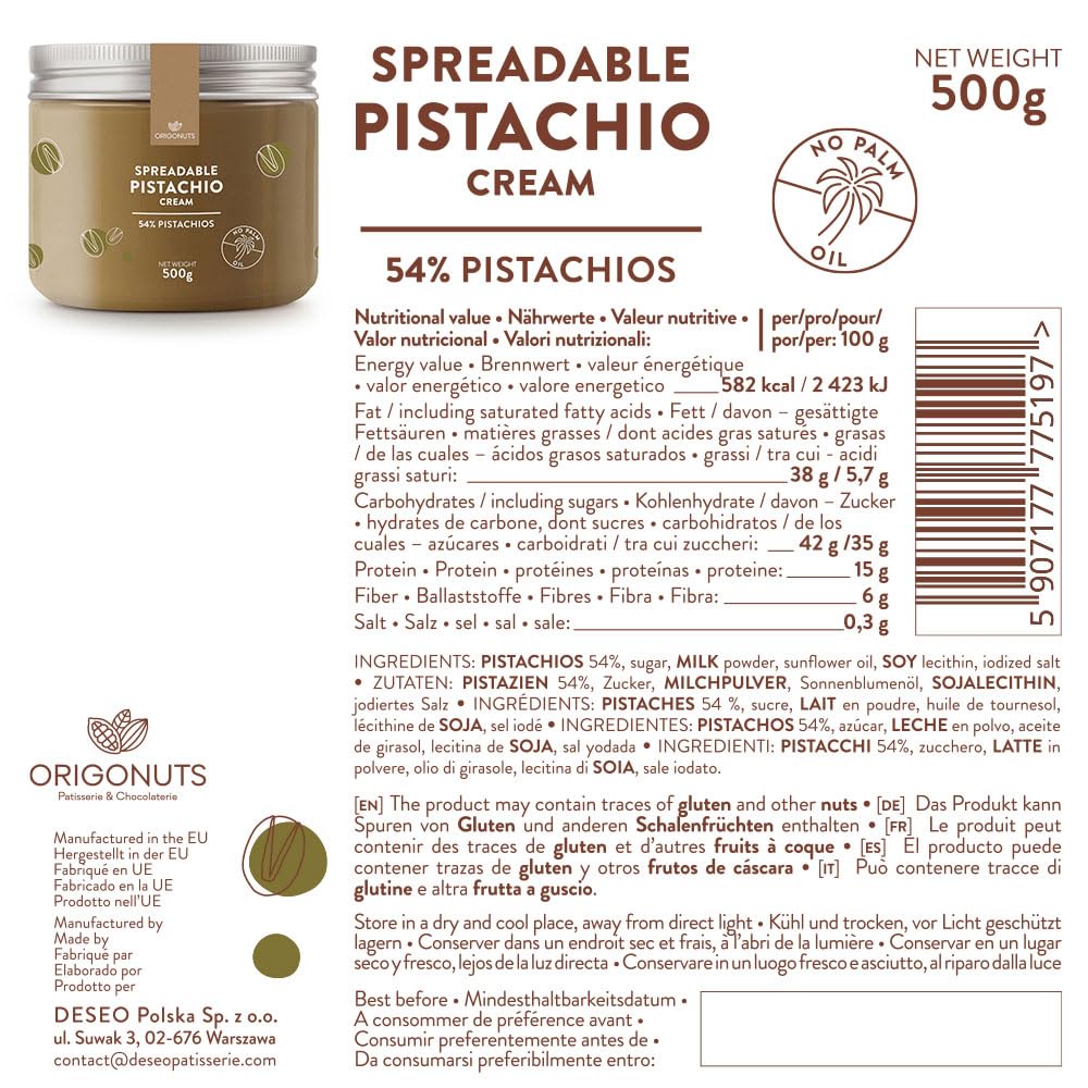 ORIGONUTS, Pistazienpaste 54% Pistazien, Pistaziencreme, Pistazienmus - Basis für Kuchen, Cremes, Desserts, Eiscreme, Dubai-Schokolade - Ohne Farbstoffe, Ohne Palmöl - 500 g