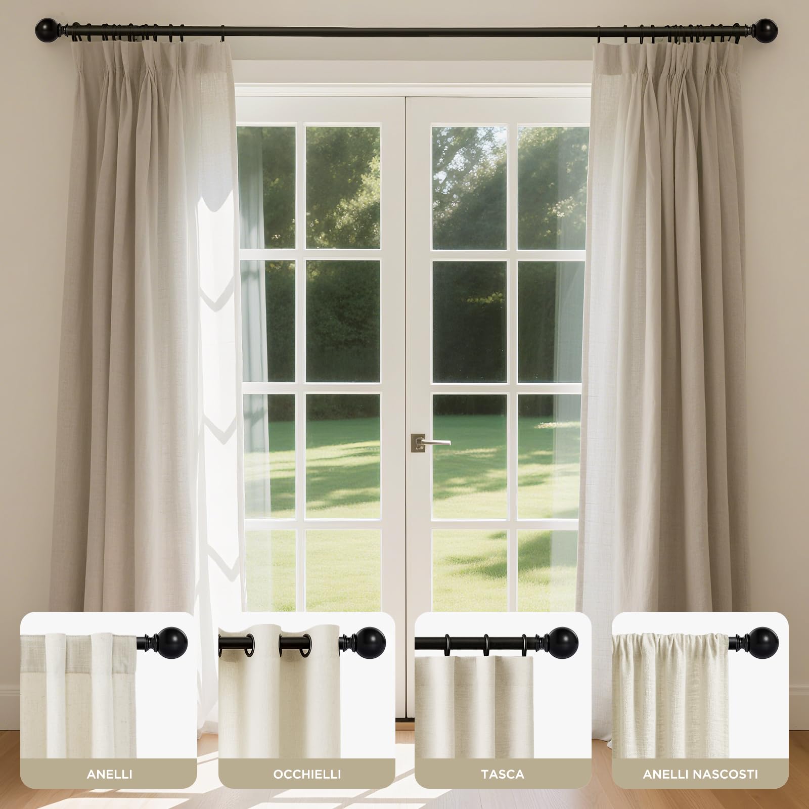 Asta Per Tenda Metallica Joydeco Nero Opaco 2.5cm - Regolabile Da 81 A 304 Cm, Set Completo Con Staffe E Viti - 6