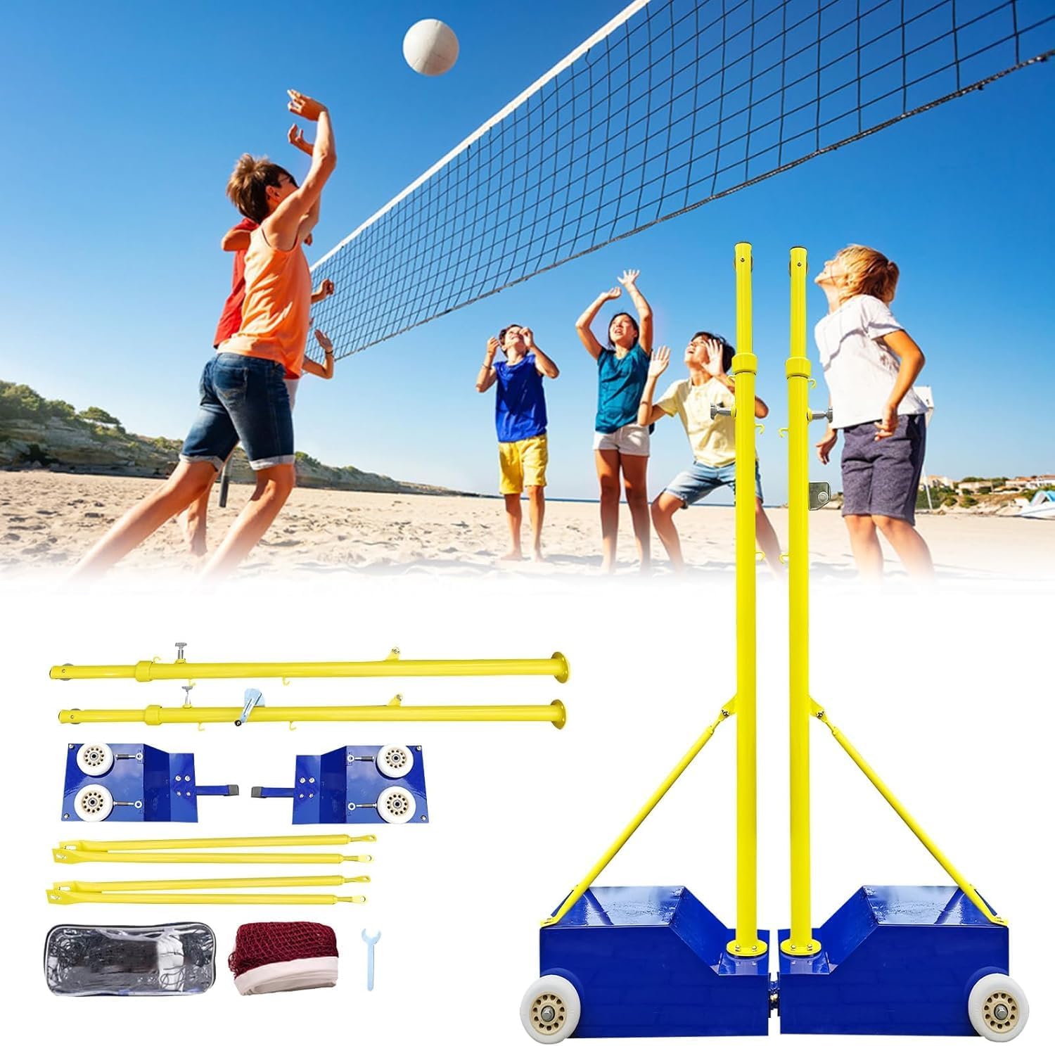 Volleyball Poles for Backyard,Heavy Duty Volleyball/Badminton Poles with Nets, Indoor Volleyball Nets with Poles with 4 Adjustable Heights,Portable Outdoor Badminton Poles for Adult Kids School