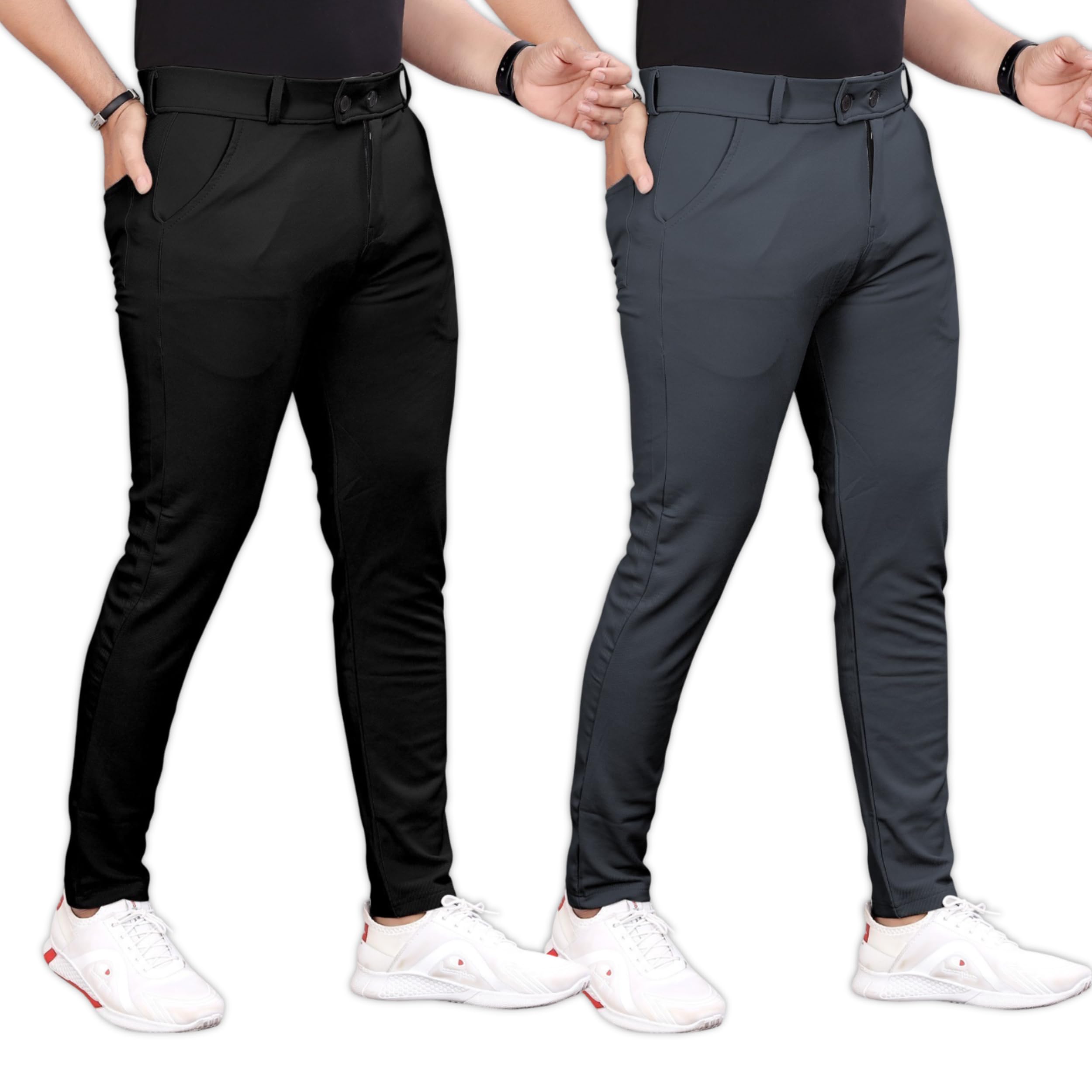 Men's Formal Slim Fit Trousers | Mid-Rise Solid Pants with Button Closure | Perfect for Office (Pack of 2)-picture-49
