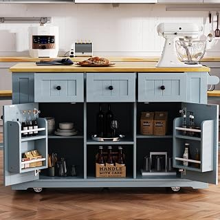 Kitchen Island with Storage, Rolling Kitchen Cart on 5 Wheels with Power Outlet, Drop Leaf, Internal Storage Rack, Side Racks, and Drawers for Dining Room, (No Stools)