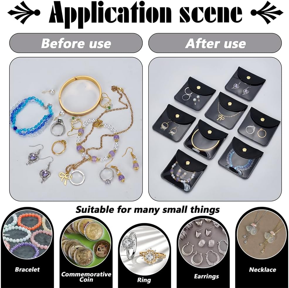 FINGERINSPIRE 8 Pcs Clear Small Jewelry Pouches 3.15x3.15inch Black Square PU Leather and PVC Gift Bags with Snap Button for Earrings, Bracelets, and Jewelry Packaging for Sellers and Gift Givers