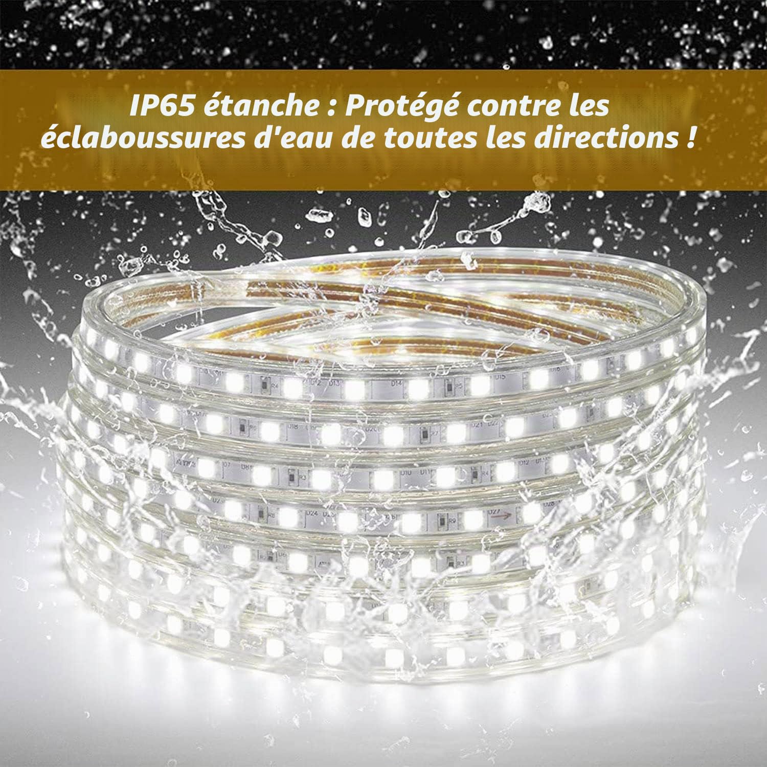 Ruban LED 10 Mètres, IP65 Étanche Bande LED avec Interrupteur 220V 230V, Blanc Froid