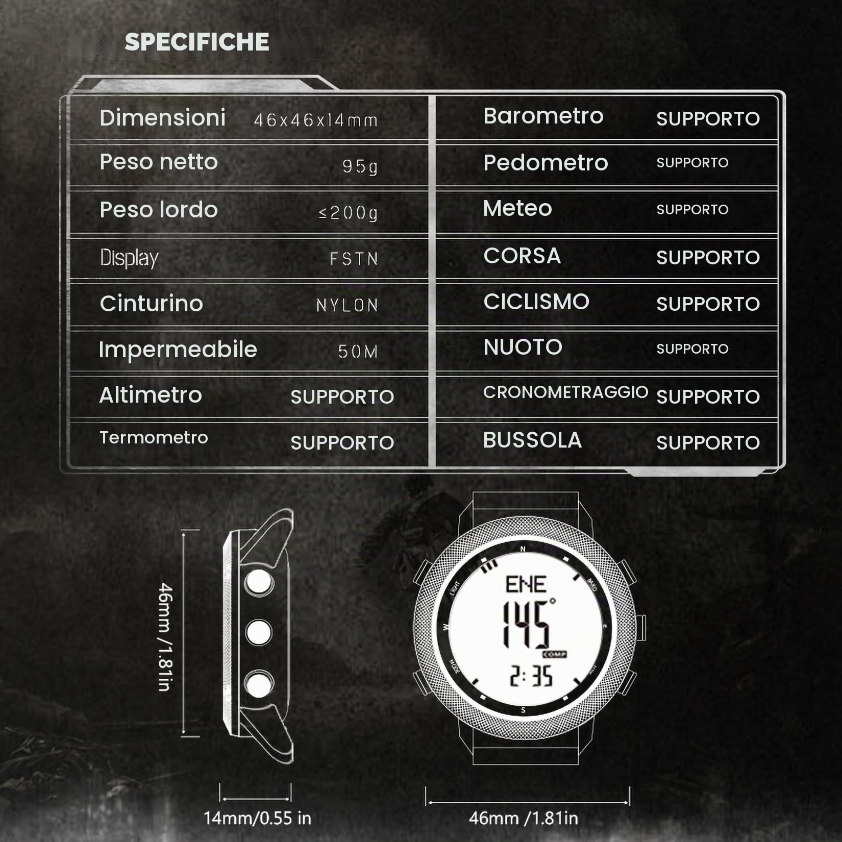 DIDITIME Orologi tattici da uomo, orologi militari da uomo, impermeabili 164 FT, orologio da fitness, orologio digitale da uomo, con bussola, metronomo, contapassi, leggero e traspirante in nylon
