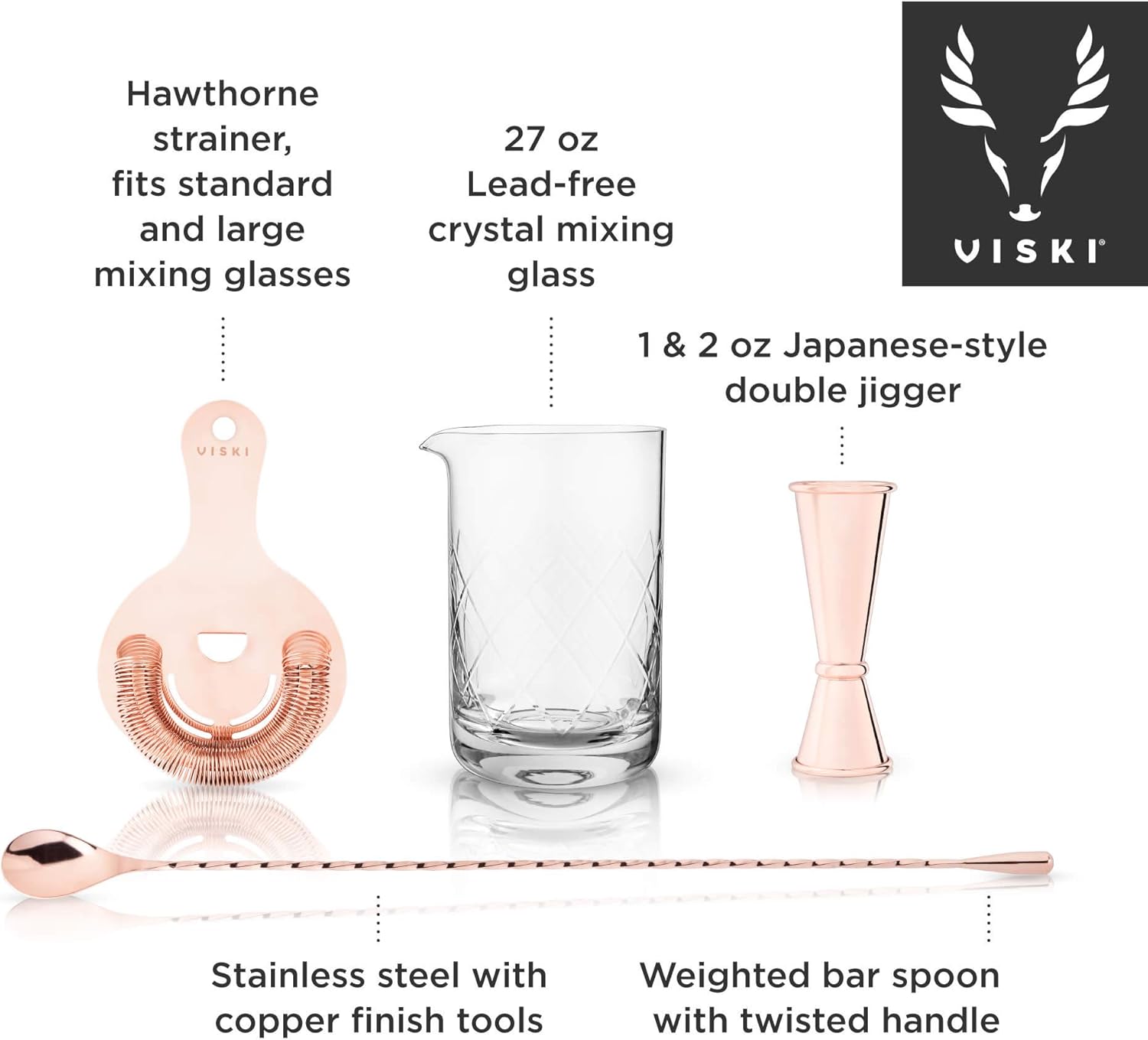 Viski Copper Bartender Kit 4pcs Set | Drink Mixers for Cocktails Gift Essentials: Mixing Glass, Hawthorne Strainer, Japanese-Style Double Jigger and Weighted Barspoon