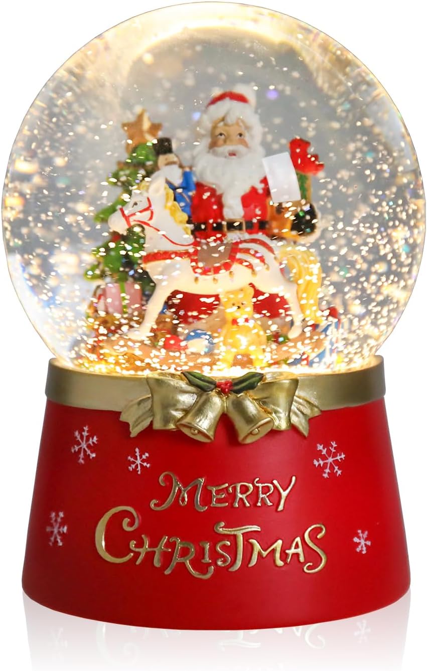 Taman Christmas Snow Globe, Santa Claus with Merry-go-Round Musical Swirling Glitter Snowflakes Lighted Christmas Decorations Tabletop Home Décor