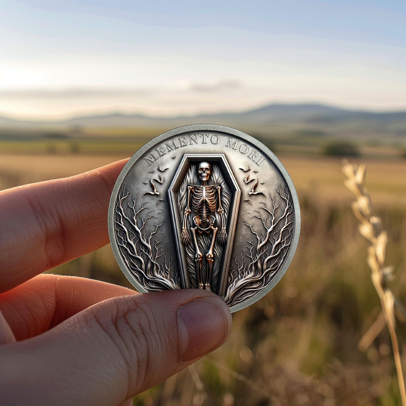 AtSKnSK Memento Mori Moneda Man vive solo una vez Calavera Moneda Desafío Moneda Regalo Genial con Tema Estoico Medallón Chip Regalo Estoico Regalo para Mujeres Hombres