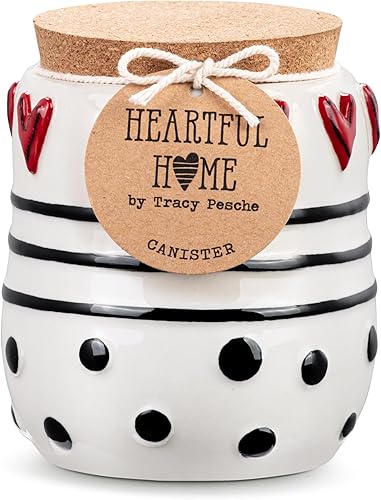 Vista 4 de DEMDACO Heartful Home by Tracy Pesche Collection - Tarro pequeño de cerámica con tapa de corcho, diseño de corazón rojo, puntos y rayas negras, 4.5