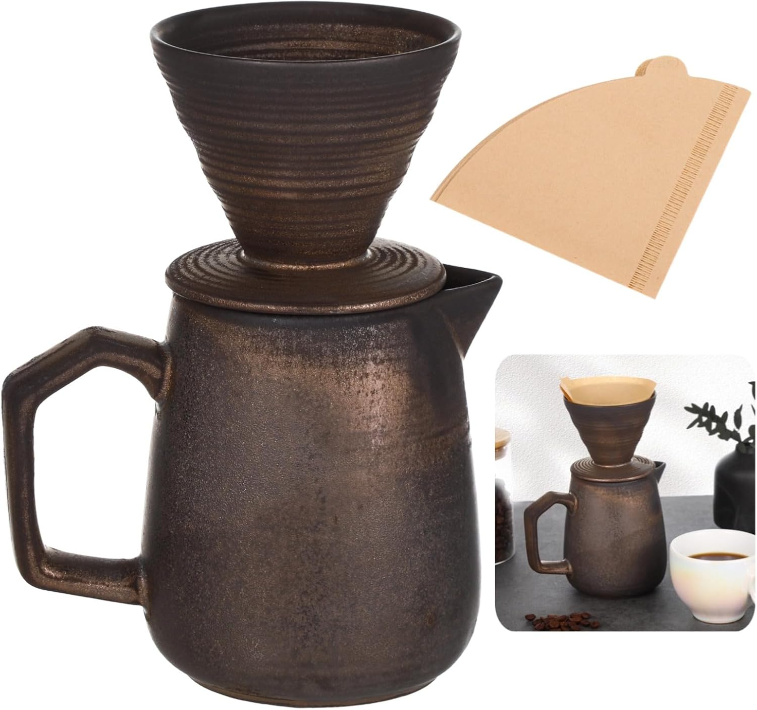 Pour Over Coffee Dripper Set Ceramic, Coffee Maker Capacity 620 Ml with 100 Filter Papers, Vintage Classic Design, for Office Or Home
