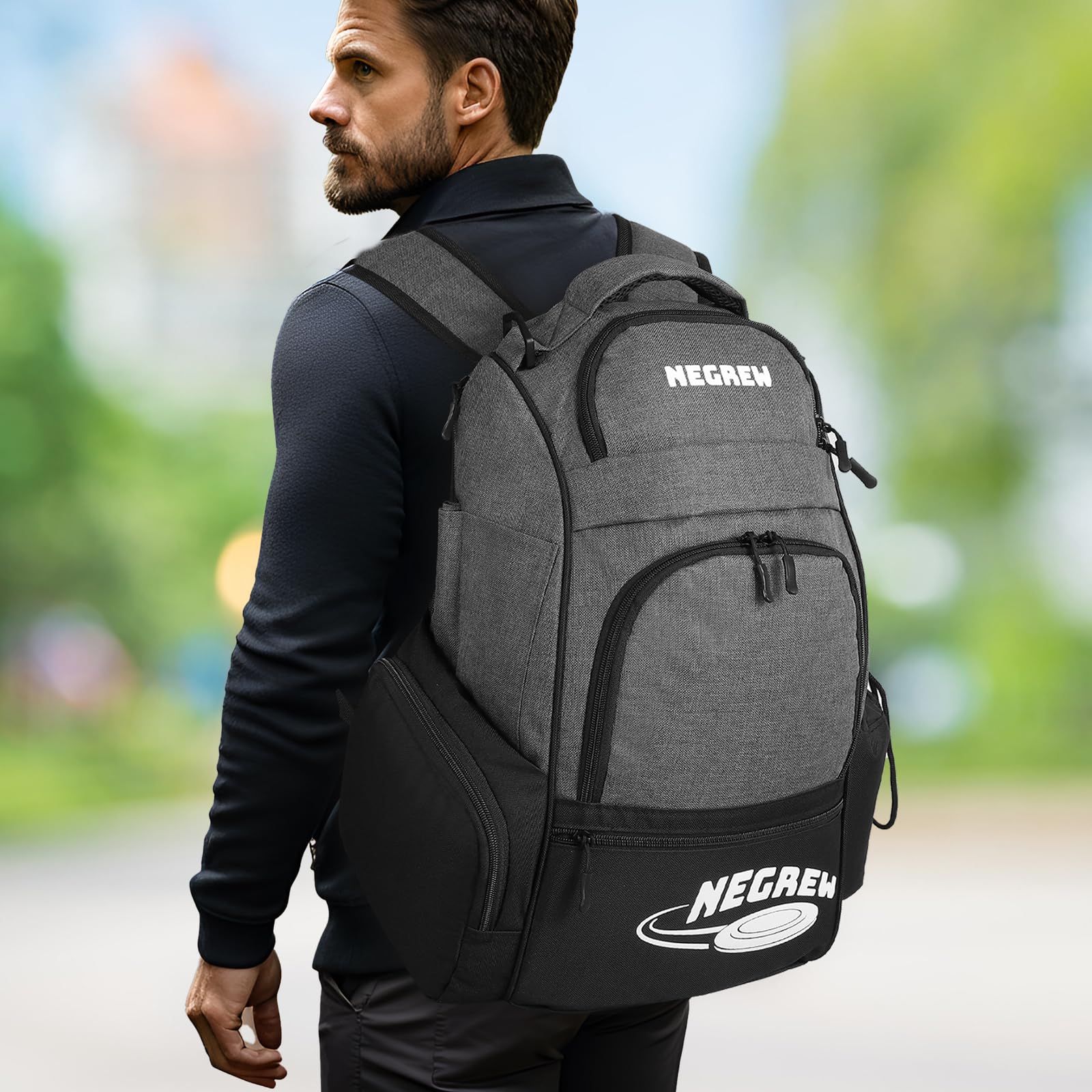 NEGREW Disc Golf Bag,Durable Disc Golf Backpack Holds 25+ Discs,Lightweight Frisbee Golf Bag with Mutiple Pockets,Disk Golf Accessories(Disc Not Included) (Grey)