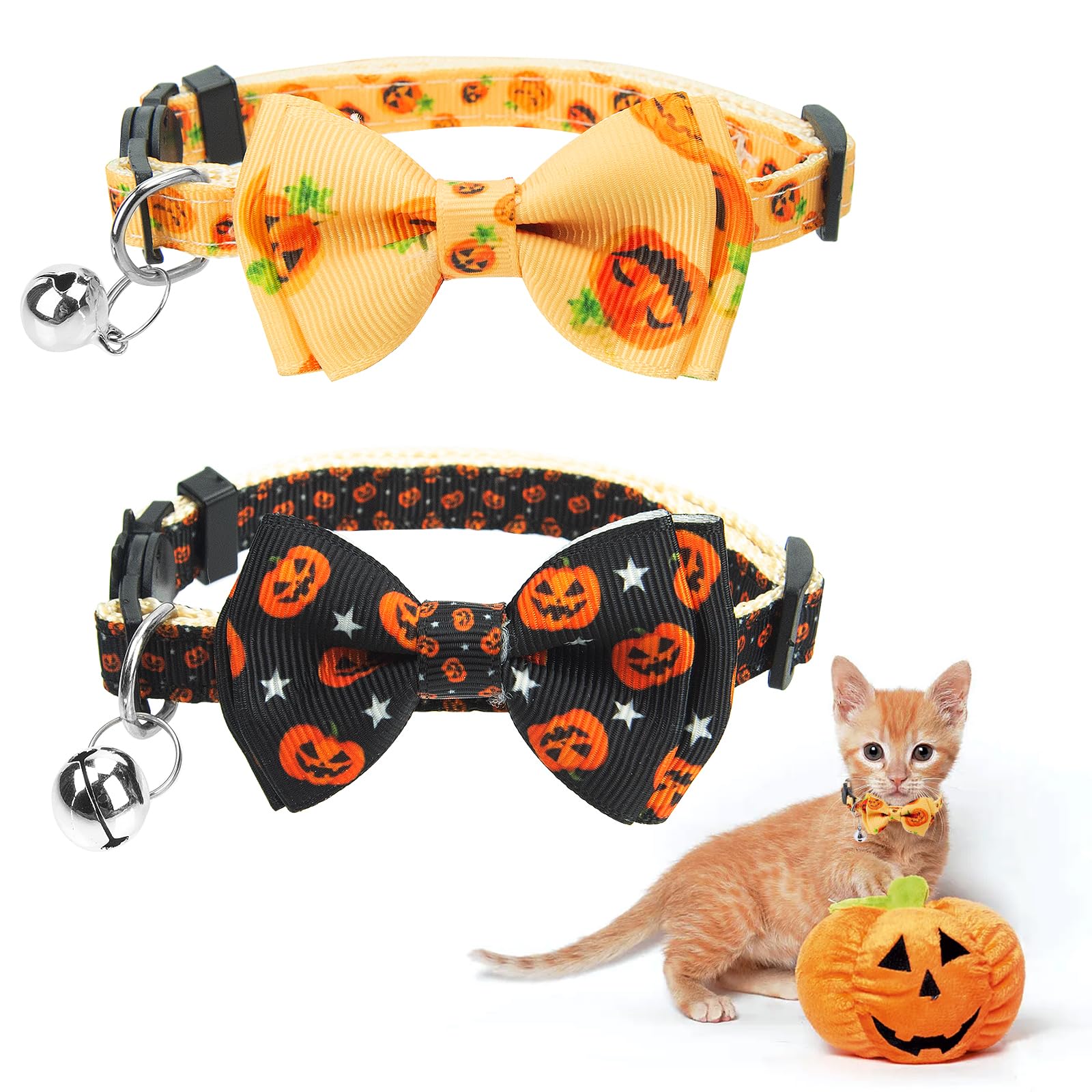 Fantasyon 2 Pack Detachable Halloween Cat Collar with Bells & Bows & Breakaway Feature, Black + Yellow, Animal Print
