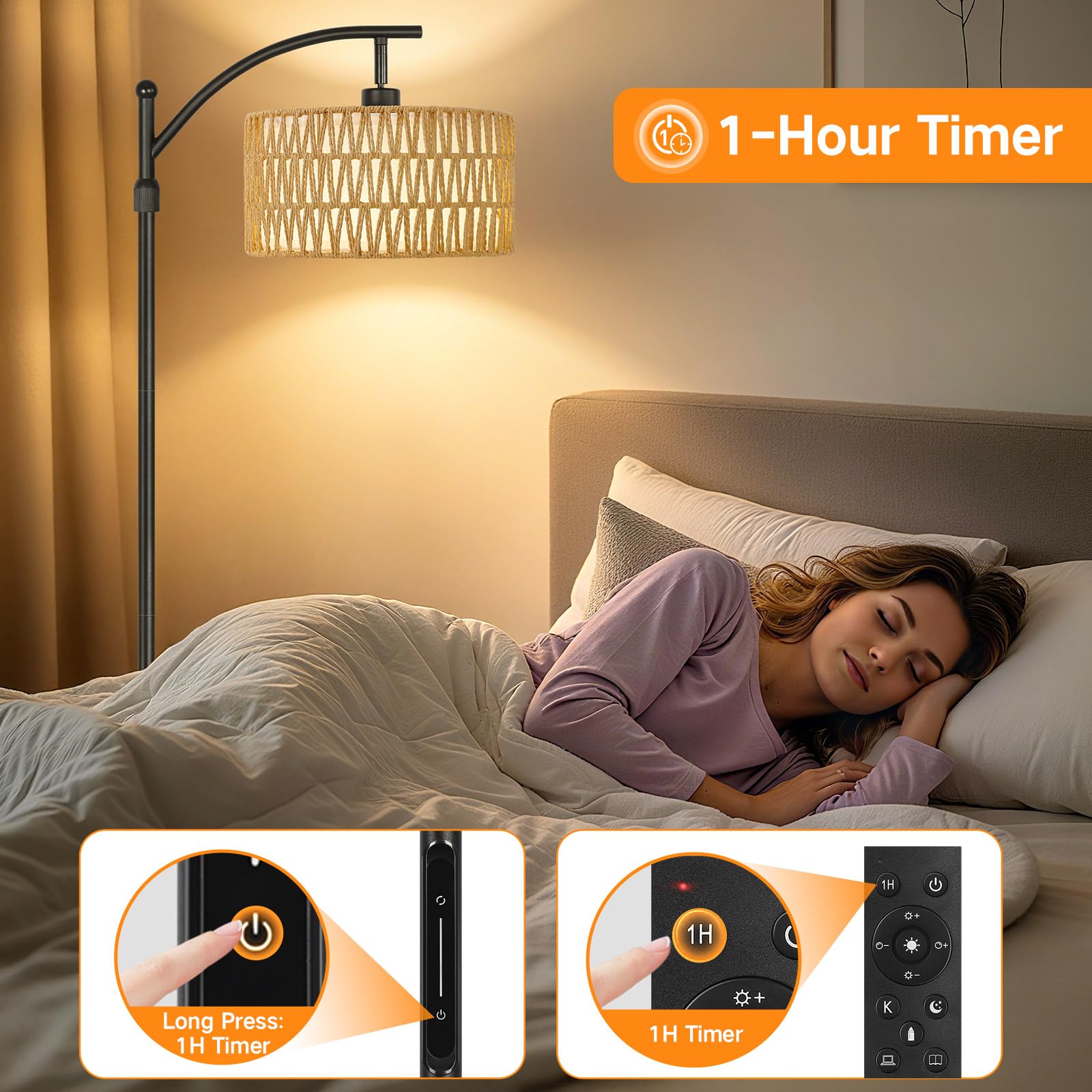 OUTON Lampada da Terra in Rattan, Lampada ad Arco Dimmerabile con App, Telecomando e Comando Touch, 4 Temperature di Colore, 2 Paralumi, Piantana LED da 12W per Soggiorno, Camera, Ufficio, Nero