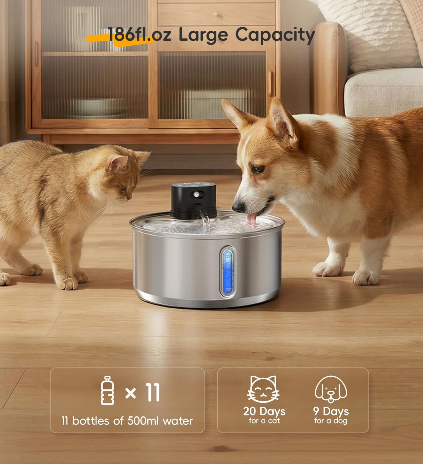 Stainless Steel Cat Water Fountain, 186fl.oz/1.45Gal Wireless Dog Water Fountain Battery Operated, Pet Water Dispenser Cordless for Cats & Dogs Indoor