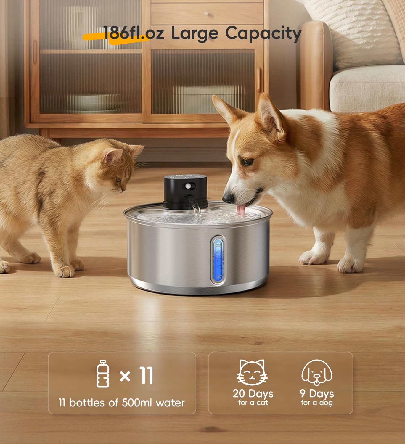 Fuente de agua de acero inoxidable para gatos, fuente inalámbrica para perros de 186 fl.oz/1.45 galones | Fuente inalámbrica para mascotas; batería de 5000 mAh; interior; modos de agua triples; 25 dB ultra silenciosa