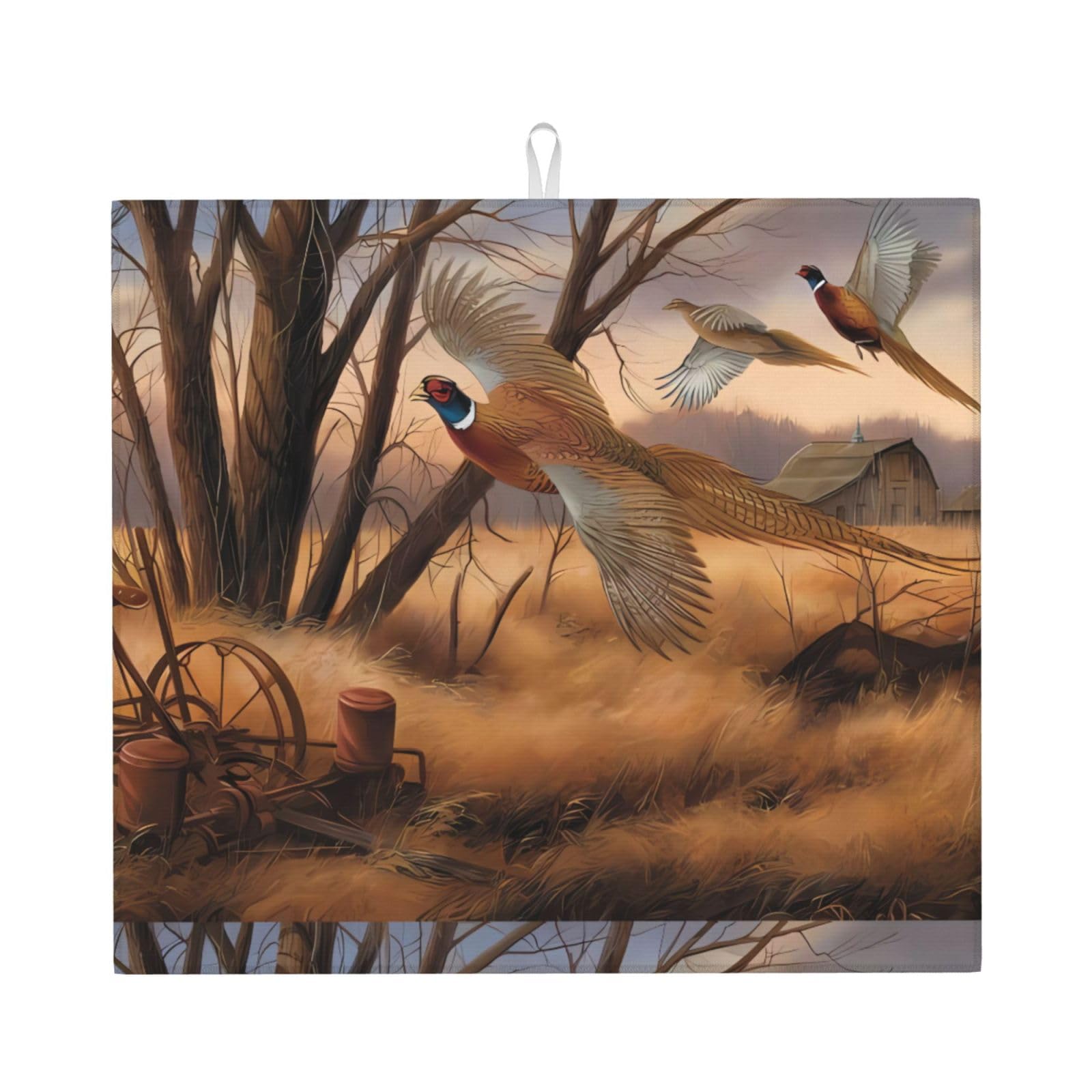 WHJSHOP pheasant hunting Prints Kitchen Drying Mat - Absorbent Dish Drying Throw with Vibrant Prints, Quick-Dry Countertop Layer for Dishes & Glassware - Non-Slip
