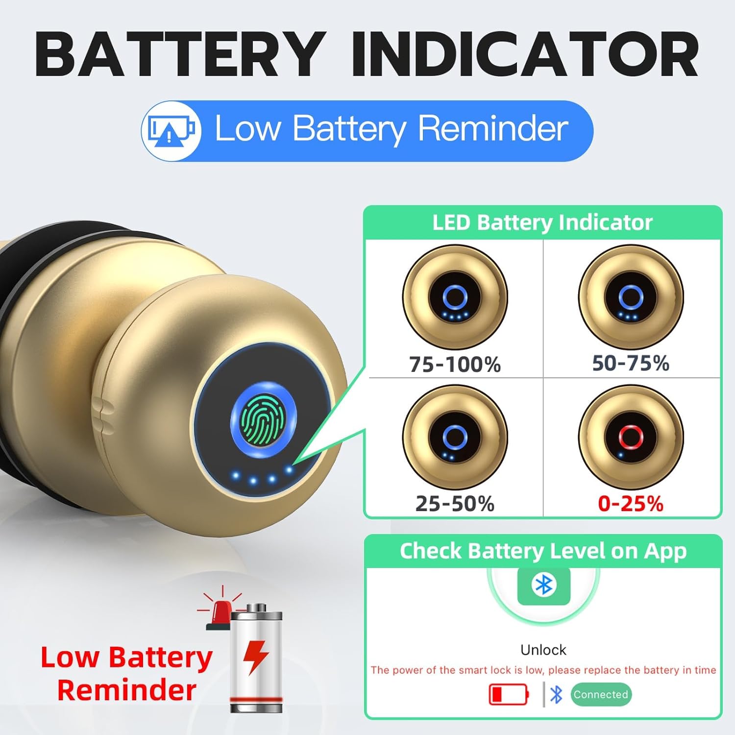 eLinkSmart Fingerprint Door Lock Smart Ball Door Knob with Key Keyless Entry Door Lock for Bedroom Apartment with Privacy Mode Bluetooth App iOS Watch Control Glod