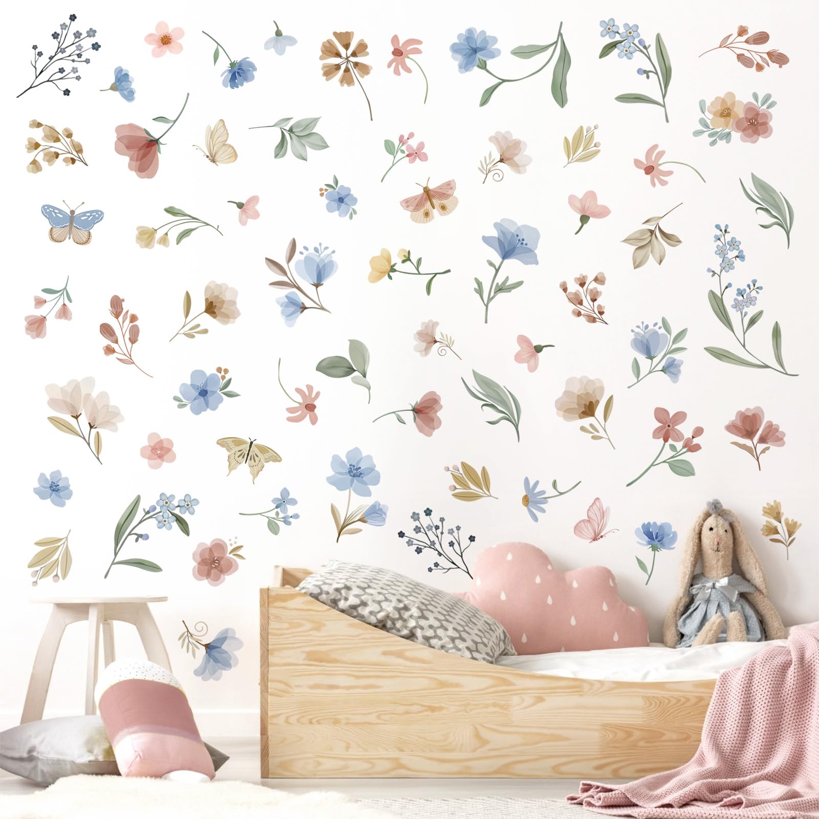 wondever Boho Watercolor Flower Wall Stickers Blue Floral Leaves Butterfly Peel and Stick Wall Art Decals for Baby Nursery Girls Bedroom TV Wall