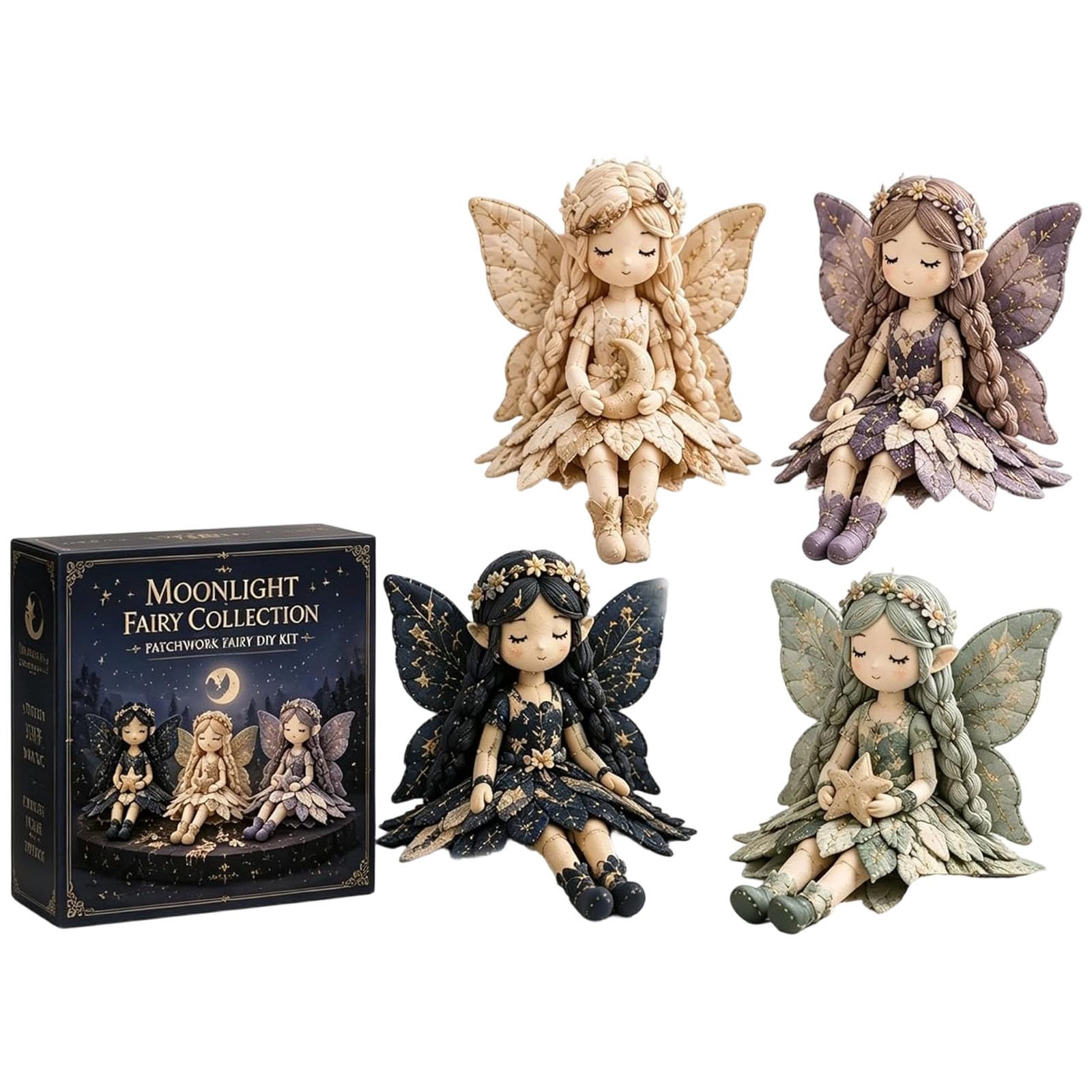 Patchwork Fairy Doll DIY Sewing Kit with Pre-Cut Materials,Make 4 Fairy Dolls, Beginner Friendly, All Materials Included, No Glue Required, Adults & Beginners (Set 7)