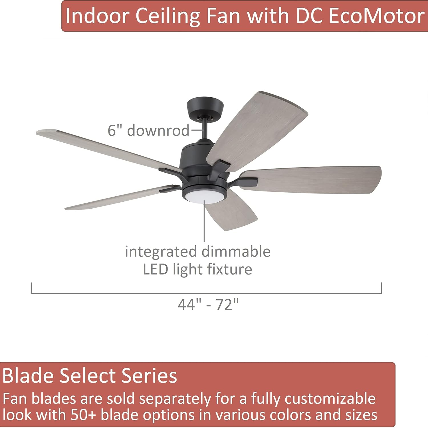 Kathy Ireland Home Ion Eco LED Ceiling Fan with DC Motor | Hanging Fixture with Dimmable Light Kit, Wall Control, and Downrod Mount | Customizable Size – Blades Sold Separately, Graphite