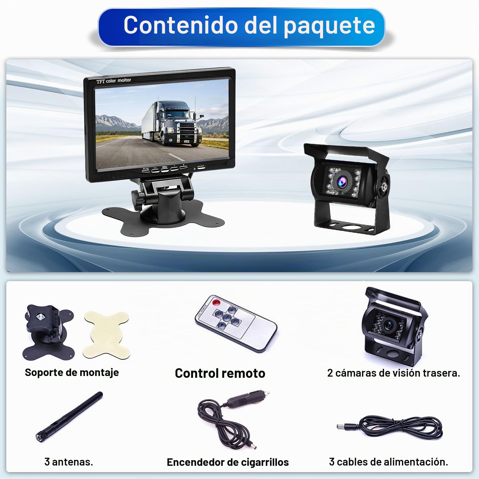 Hikity Kit de Cámara Trasera Inalámbrica para Coche, Monitor de 7 Pulgadas con Doble Cámara Trasera Impermeable con Visión Nocturna y Gran Angular para RV Camión, Autobús