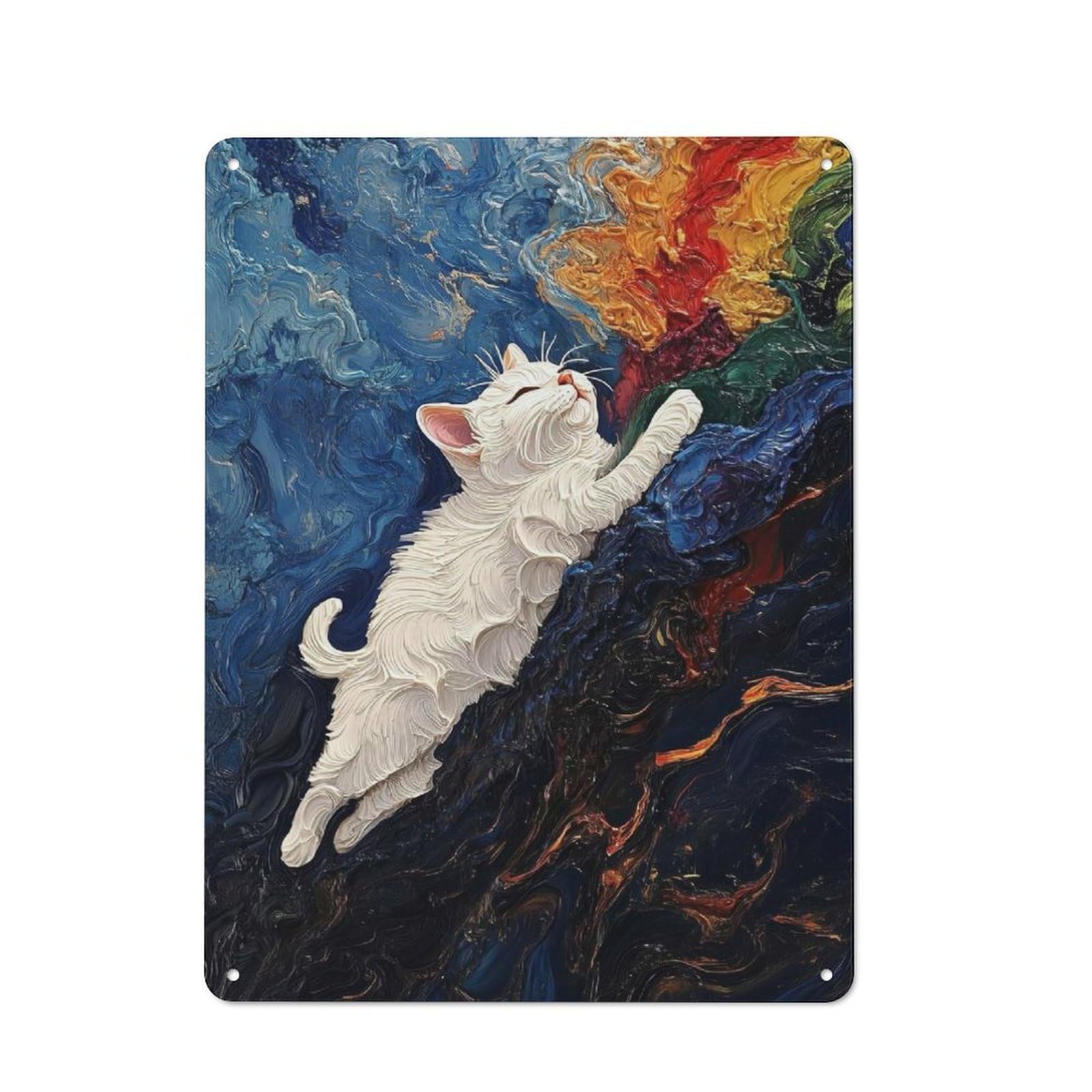 Junmoney Style-10 Dreamy White Cat Climbing Colorful Abstract Vintage Metal Wall Decor 40X30cm, Vintage Metal Sign For Cafe, Bistro, Bakery Or Restaurant