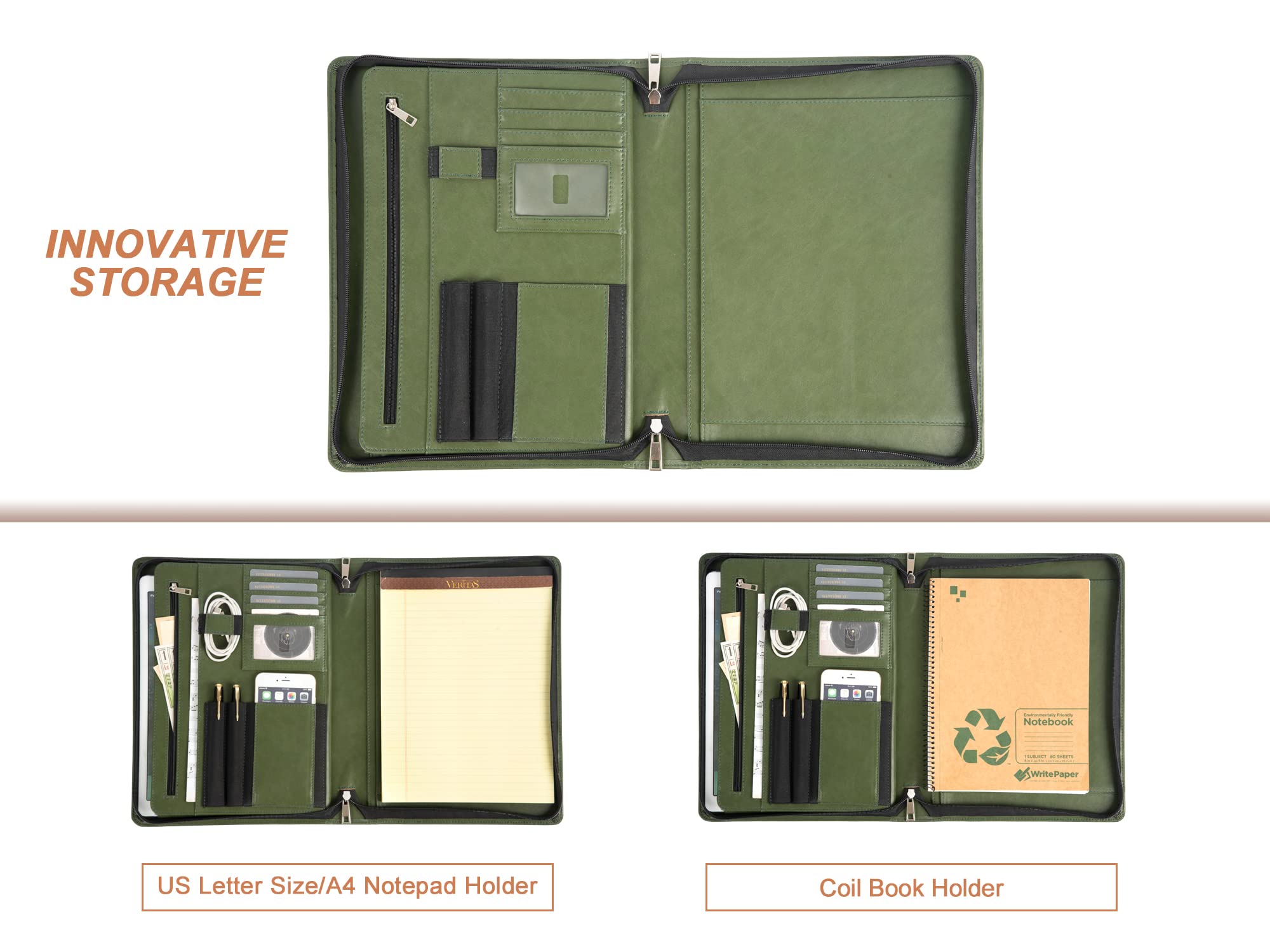 Calfinder Porte-documents en cuir végétalien personnalisé A4 avec gravure de nom gratuit, rose pour femme, moderne, vert