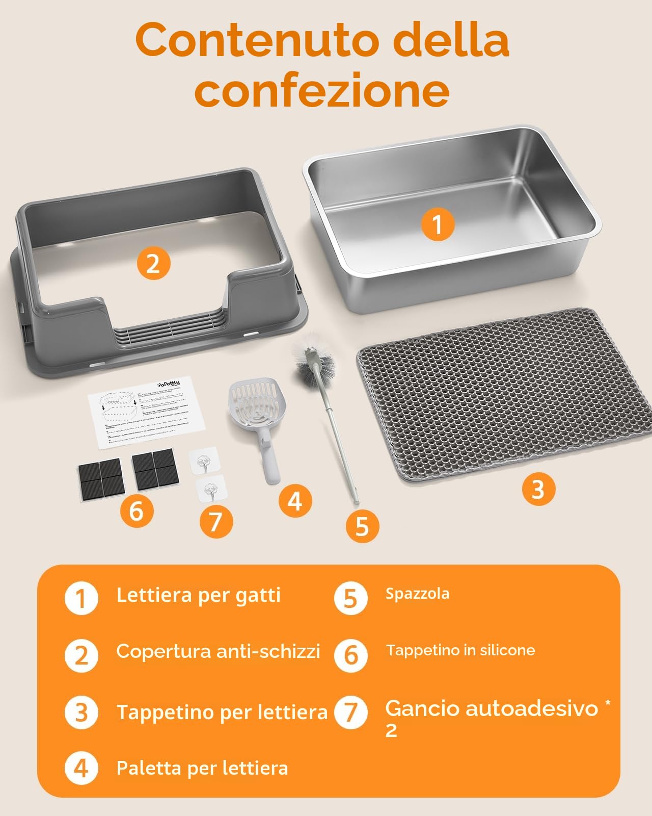 Papettly Lettiera Acciaio Inox - Lettiera in Acciaio per Gatti XXL con Lati Alti，60x40x31 cm Lettiere Gatto Acciaio Inox con Tappetino per Lettiere，Paletta，Spazzola，Facile da Pulire，Non Appiccicosa