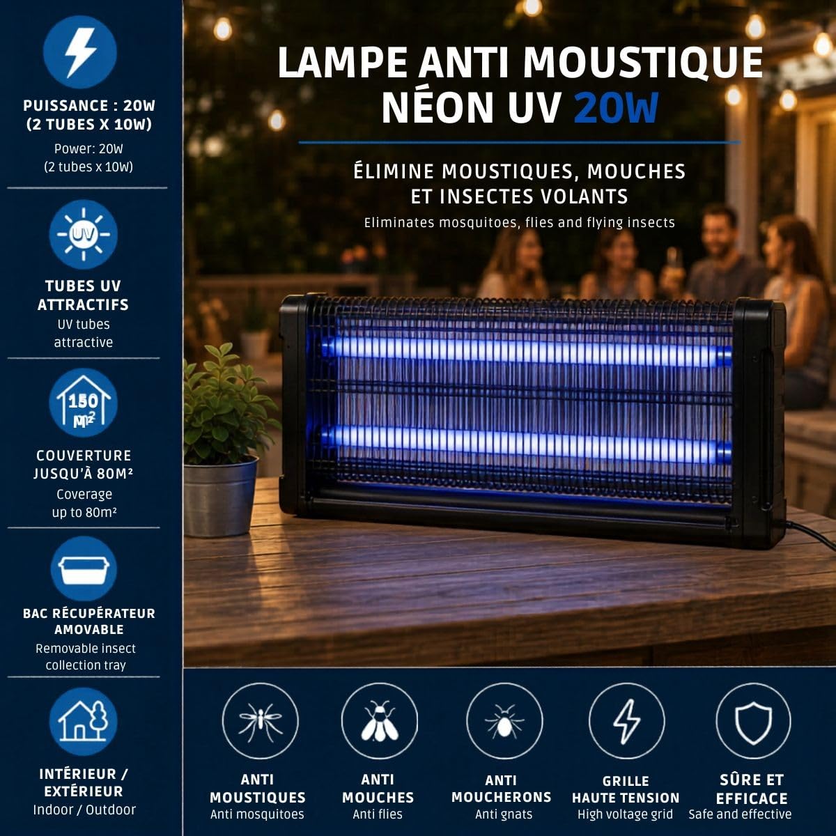 INTEC - Lampada Anti Zanzara Neon UV 20W Interno/Esterno - Trappola per insetti nera 80m² Griglia ad alta tensione Elimina mosche, zanzare e insetti volanti