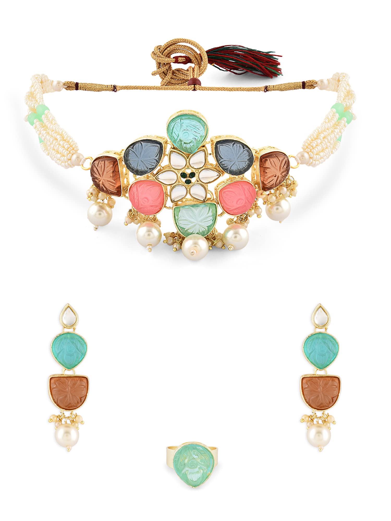 ZAVERI PEARLS Multicolor Stones Multistrand Choker Necklace Earring & Ring Set For Women-ZPFK15909 (B0C4H2WZXX) Amazon Price History, Amazon Price Tracker