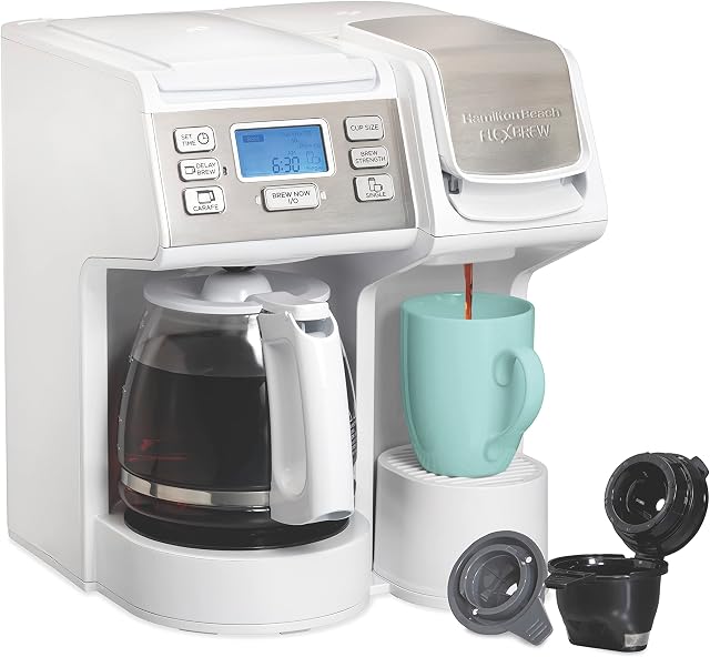 Hamilton Beach FlexBrew Trio Coffee Maker, Single Serve Pod & Grounds + 12 Cup Drip Coffee Maker, Fast Brewing, Programmable, 56 oz Reservoir, White (49917)