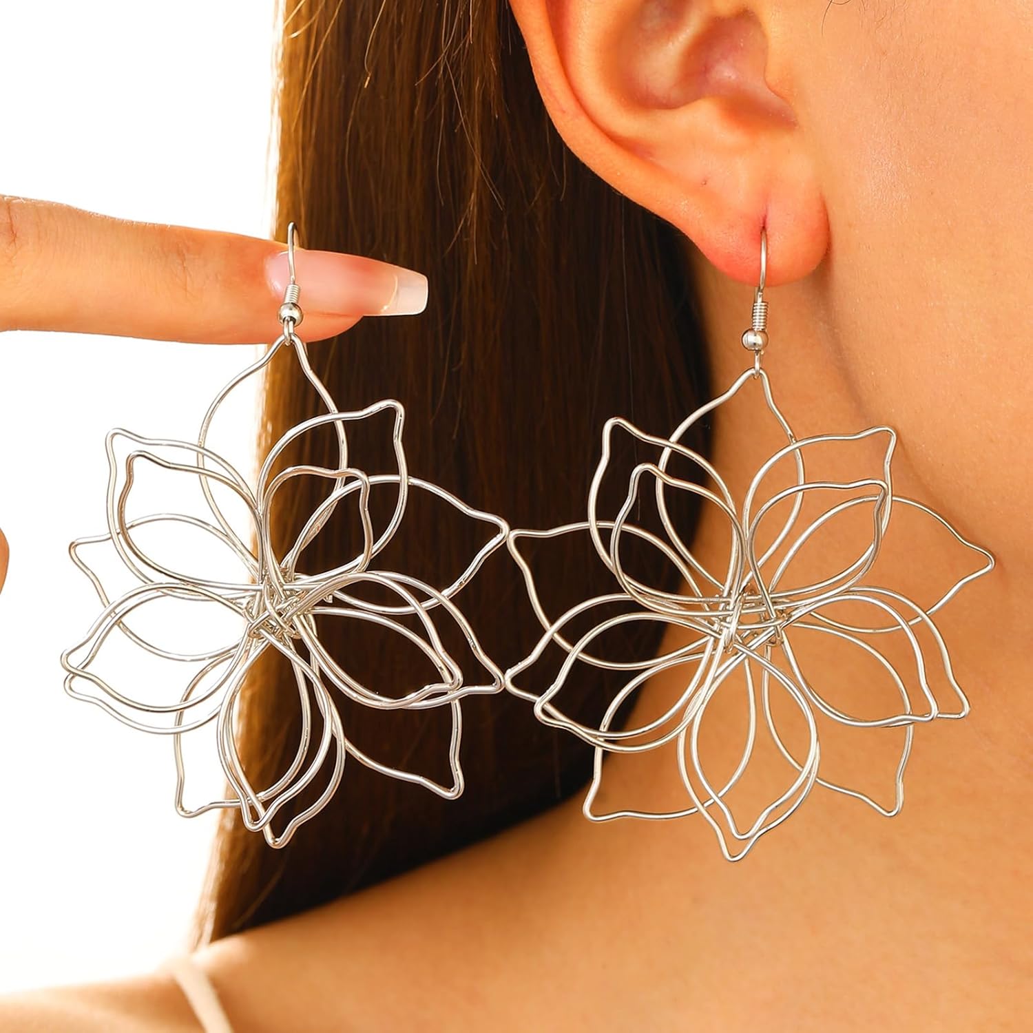 Hollow Metal Flower Earrings for Women Big Flower Drop Earrings Exaggerate Gold Floral Earrings Geometry Silver Flower Statement Earrings Birthday Jewelry for Women - Image 3