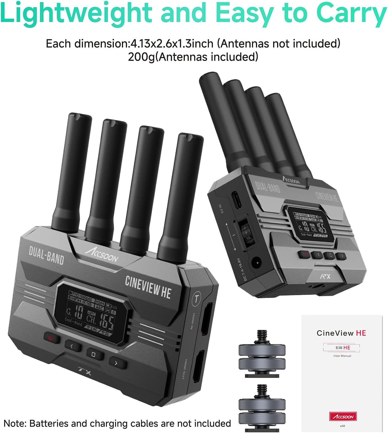 Accsoon CineView HE package contents including transmitter, receiver, antennas, and cold shoes.
