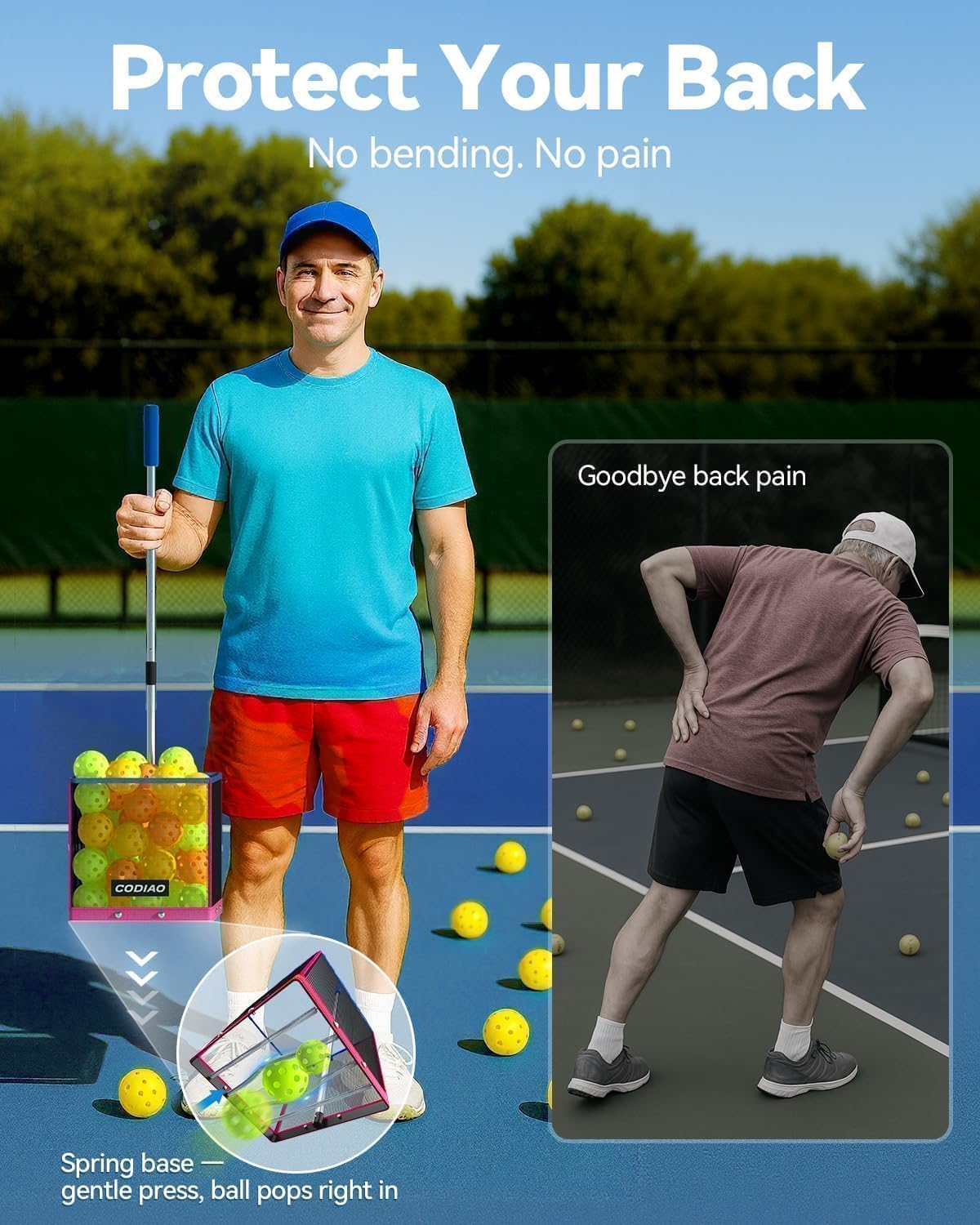 Pickleball Picker Upper 40+ Ball Capacity Hopper Holder, Foldable Basket with Telescopic Stainless Steel Handle, Quick Pickup No Bending Ball Retriever Collector, Portable for Court Training