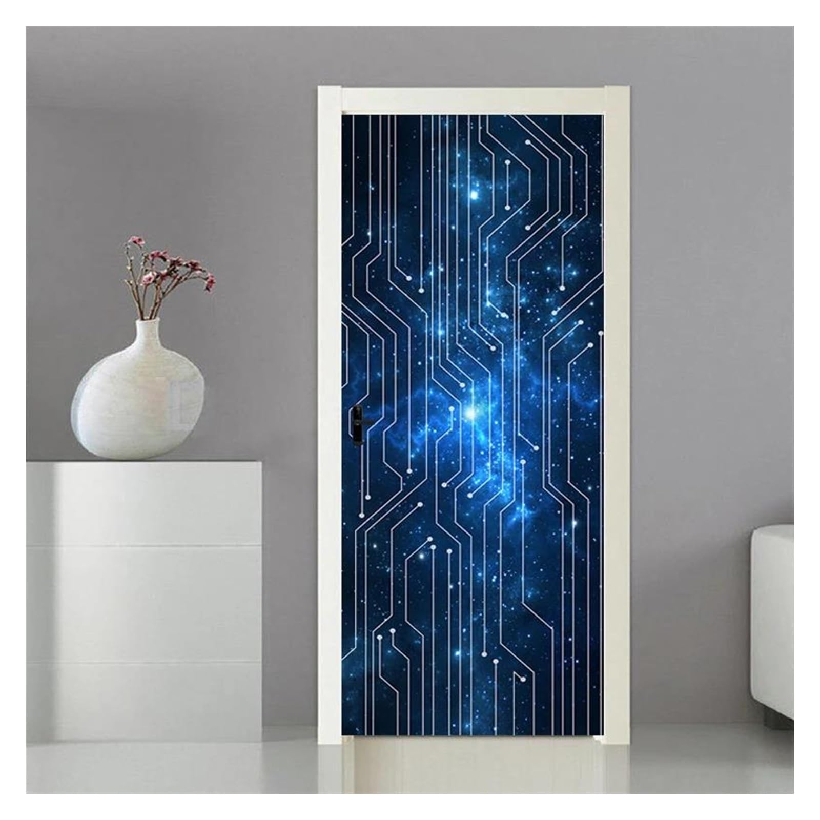 Sticker de porte 3D lignes bleues modernes en PVC imperméable 77x200cm