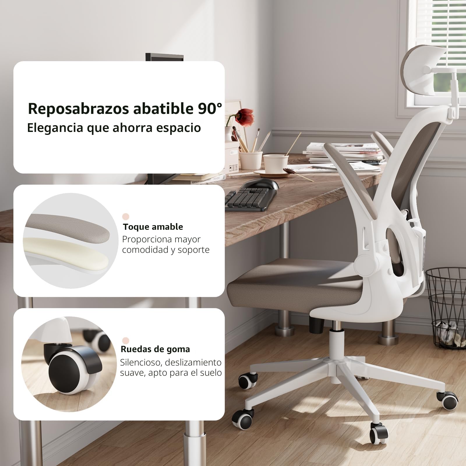 Silla de Oficina Ergonómica,de Escritorio con Respaldo Alto y Malla, Brazos Abatibles, Soporte Lumbar y Reposacabezas Ajustables, Silla Giratoria para Oficina en Casa, Dormitorio o Estudio