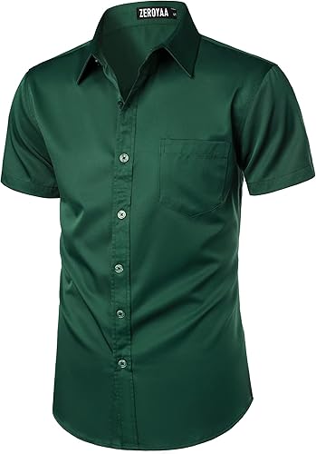 Vista 2 de ZEROYAA Camisa de vestir casual de manga corta con botones y bolsillo para hombre