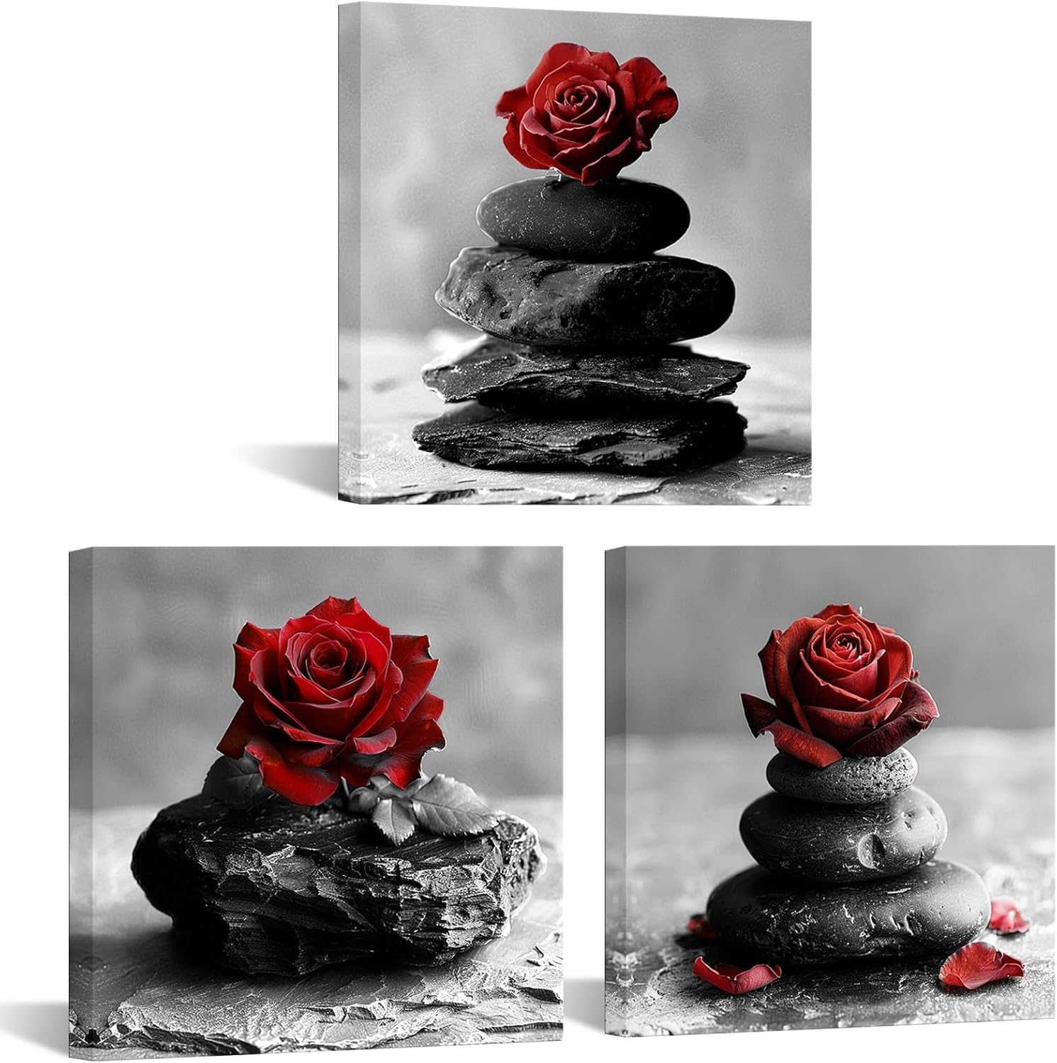 Nachic Wall Rose Flowers Wall Art Zen Stones Picture Canvas Print Framed Modern Meditation SPA Room Bathroom Wall Decor (Purple)