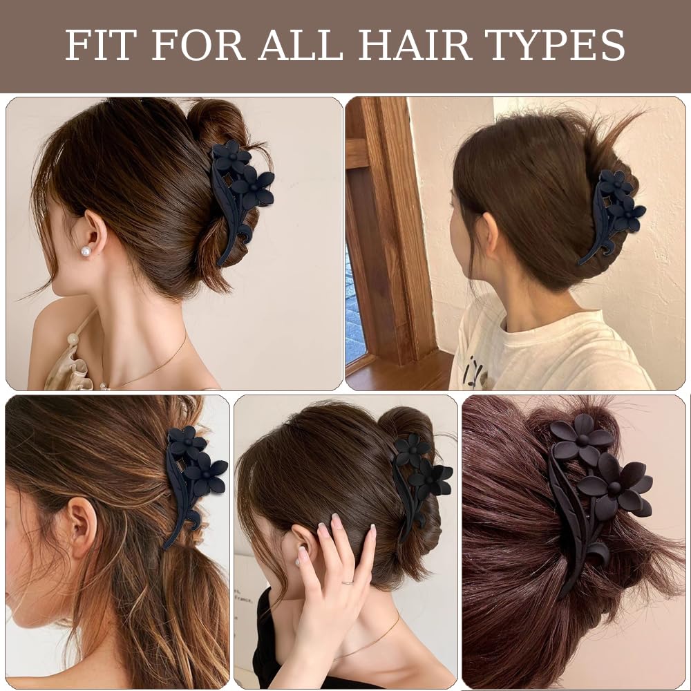 Black Flower Hair Claw Clips - 1Pcs Large Matte Twin Flower Design Hawaiian Hair Accessories Strong Hold Non Slip Shark Clamp Hairpins Barrette for Women & Girls - Image 5
