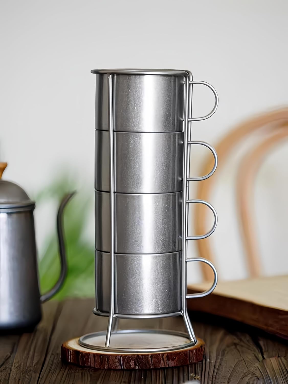4PCS Stainless Steel Stacking Coffee Mugs with Metal Stand,Vintage 304 stainless steel coffee cup,8oz Espresso cup set,Mugs for Coffee, Tea, Cocoa, Milk,Dishwasher safe