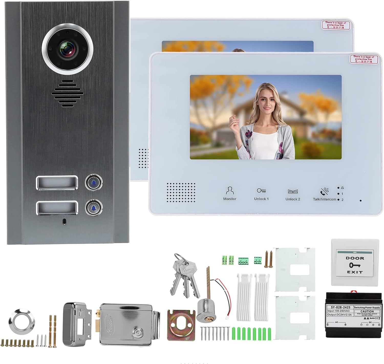 Qinlorgo 2 Wires Video Door Phone intercom doorbell System, 7 in HD Monitor Stainless Steel Smart Doorbell with Night Vision Electric Control Lock Indoor Ring Camera for Home (2 households