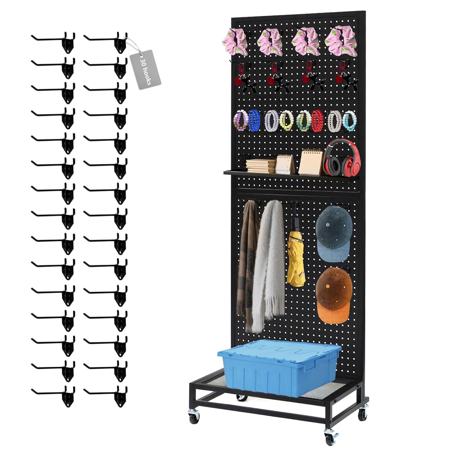 Metal Pegboard Display Stand with Base Plate, Two Separately Pegboard Panels, 2'x 5' Standing Pegboard Display with four Wheels, Peg Board Display Rack, Extra 30 pieces Hooks (White)